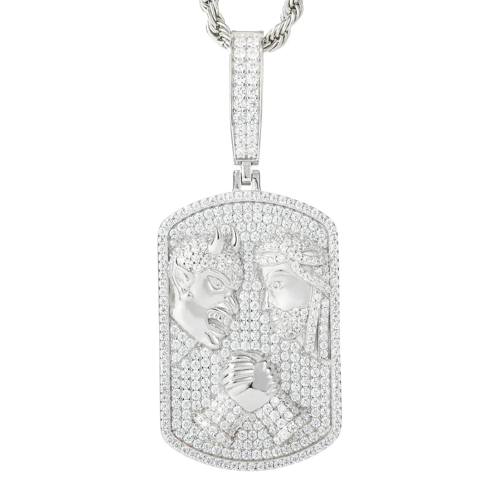 S925 Moissanite Jesus Fights the Devil Dog Tag Pendant