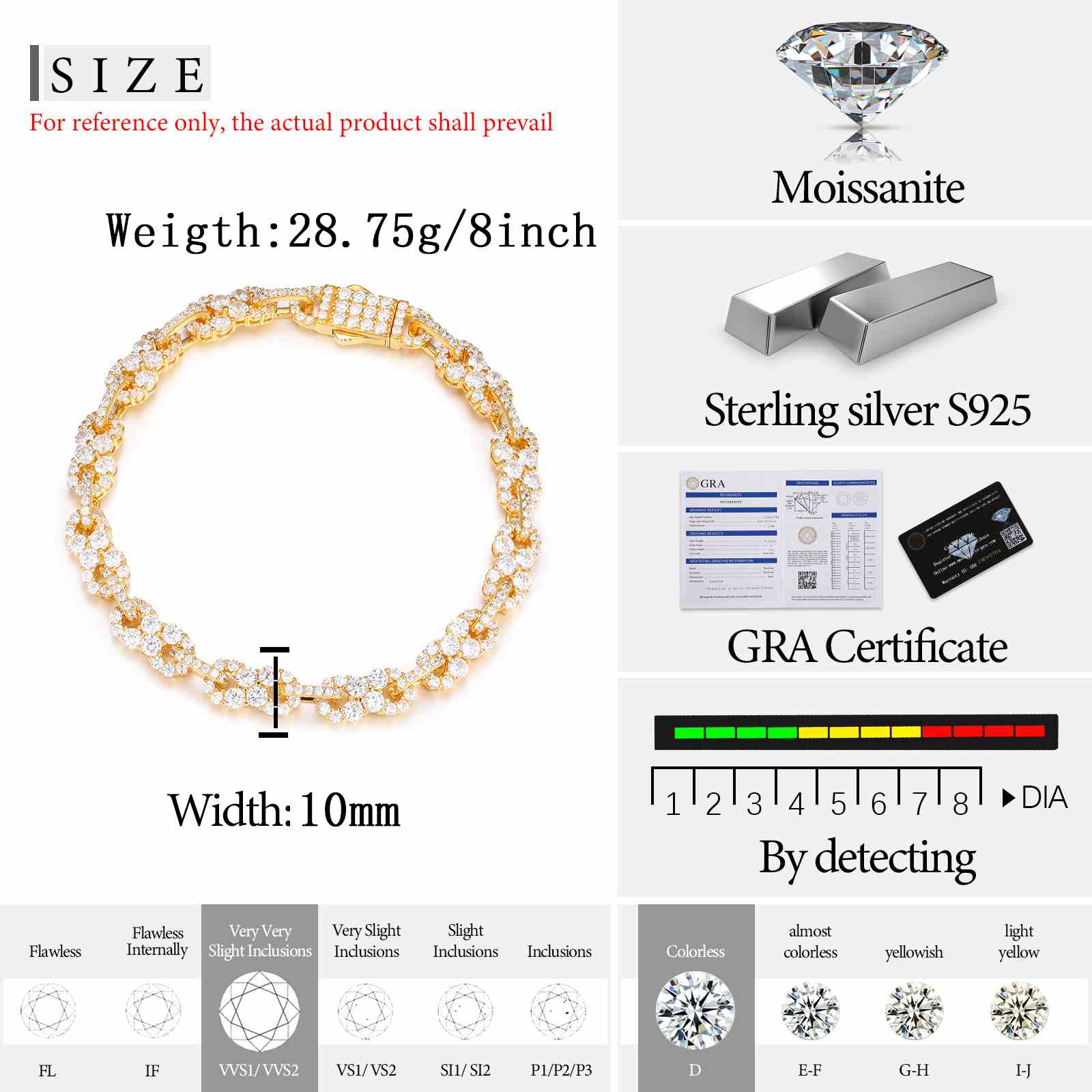 Bracelet à maillons cubains infini Moissanite S925, 10mm