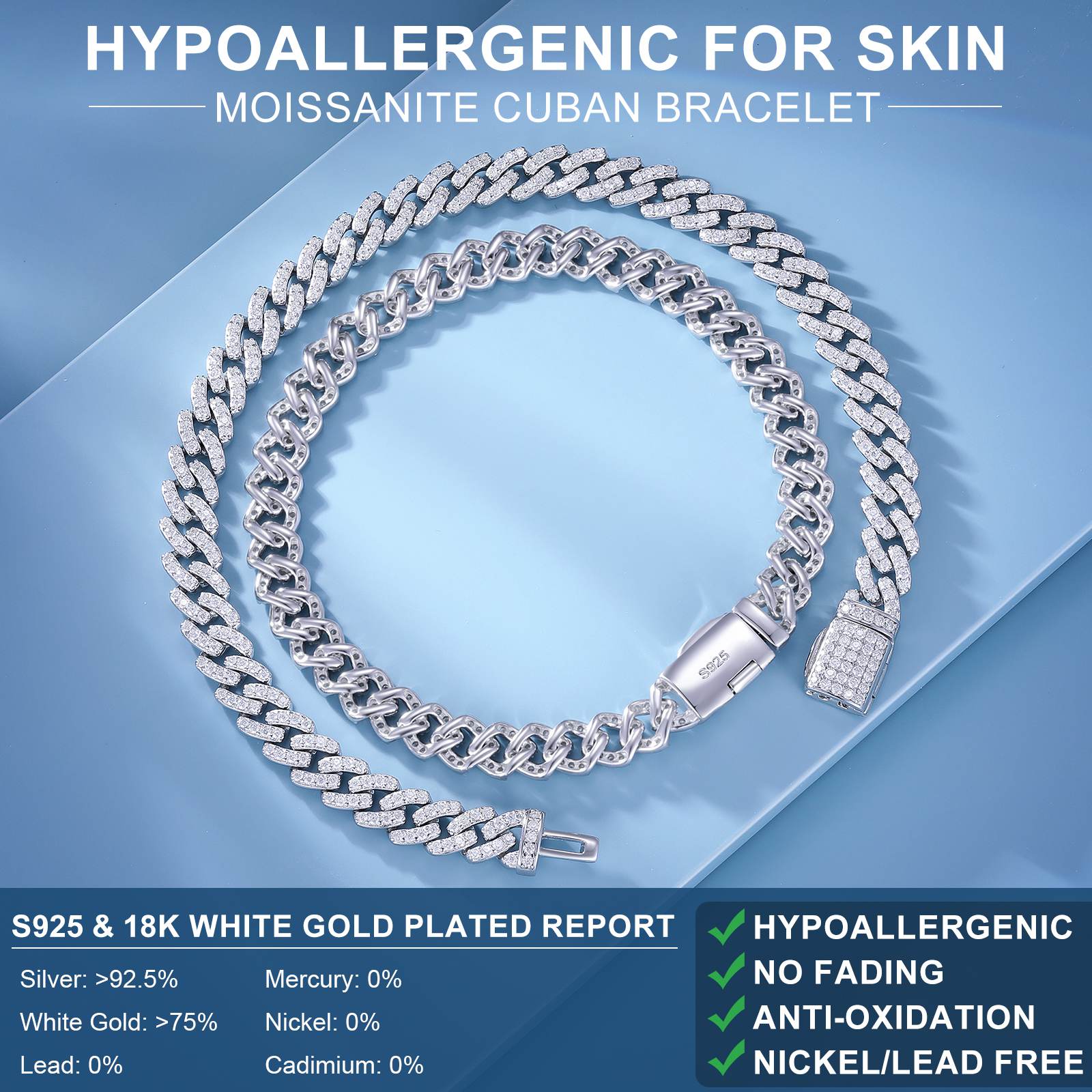 6mm S925 Moissanite Cuban link bracelet front/back details: Solid Cuban links with 216 lab-grown stones, 24K gold plating, ice box clasp engraved with ‘From Basement to Billboard’ mantra.