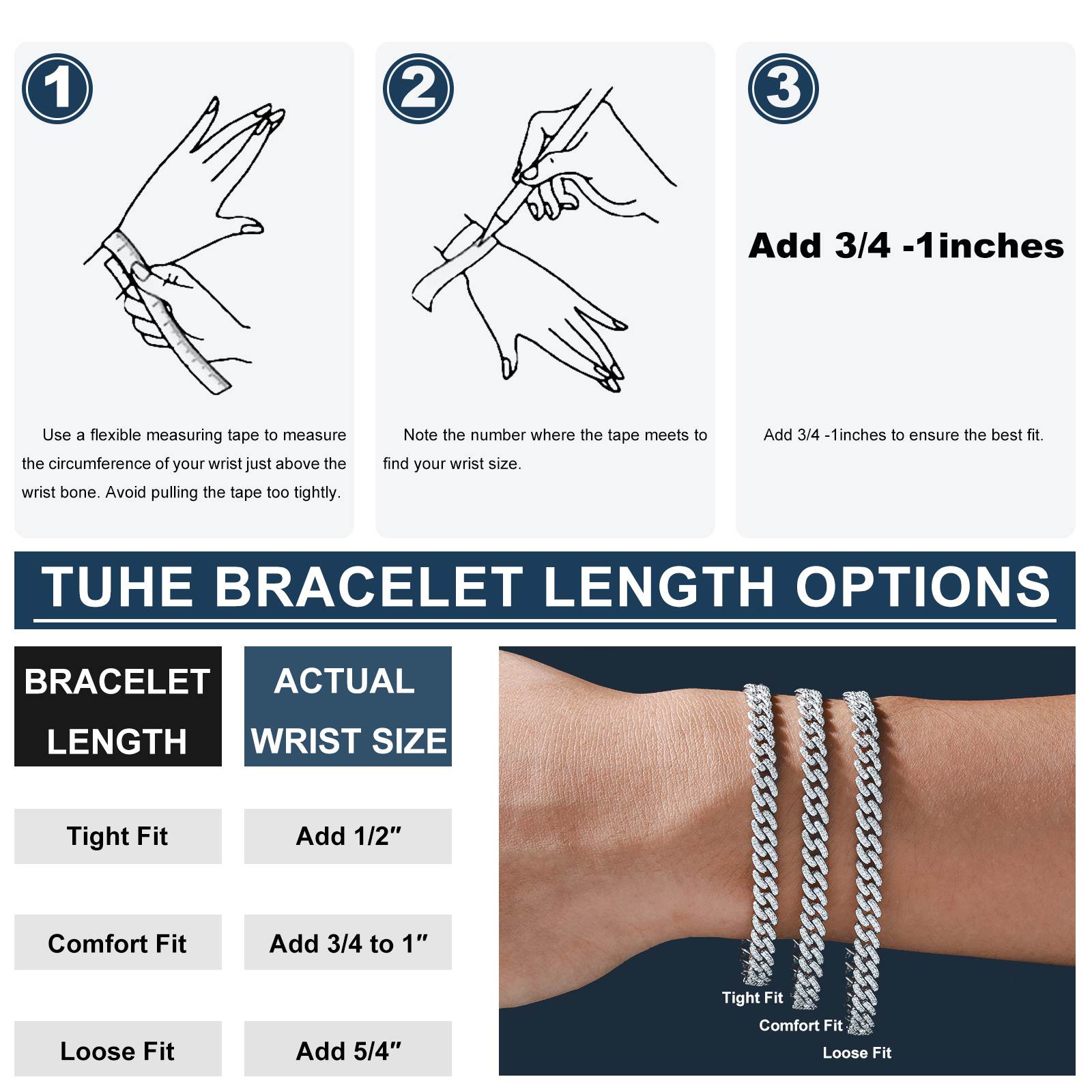 6mm Cuban bracelet sizing guide: Measure wrist circumference (7-9 inches) with a soft tape. Adjustable ice box clasp with free resizing service.