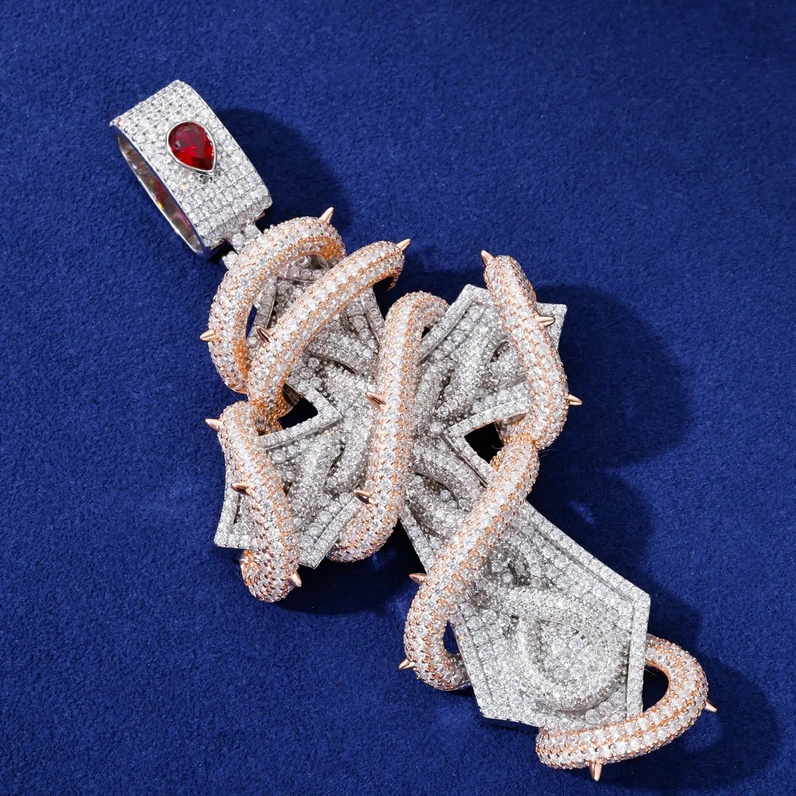 S925 Moissanite 2 Tone Thorn Wrapped Cross Pendant