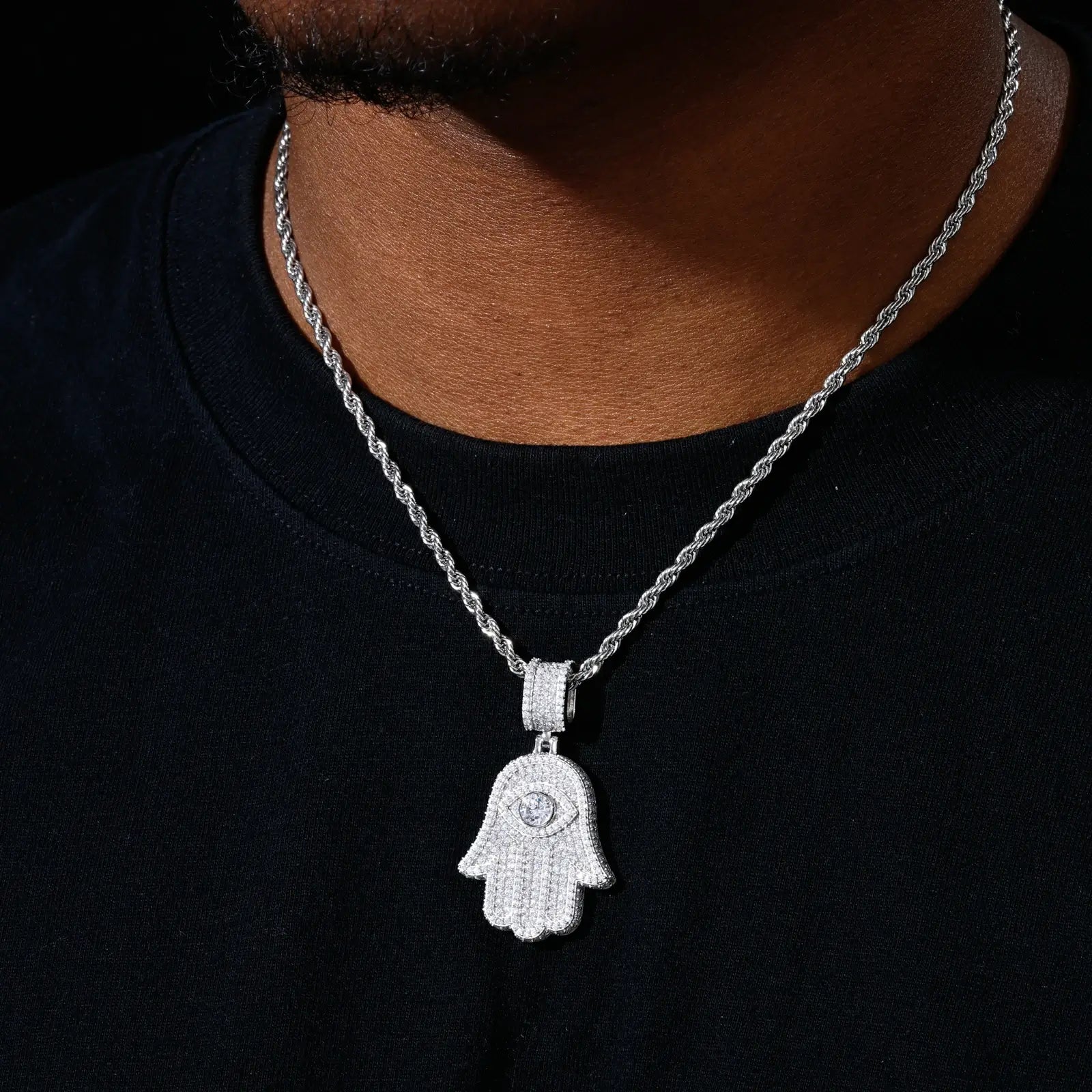 S925 Moissanite Evil Eye Hamsa Hand Pendant