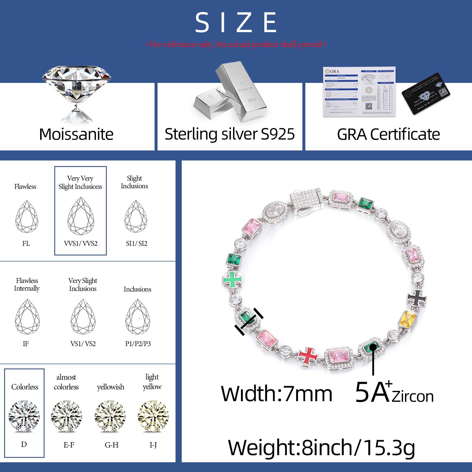 7mm S925 Farbe Edelsteine Emaille Kreuz Tennis Armband