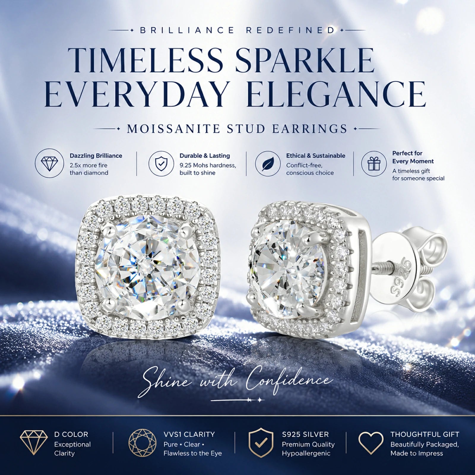 S925 D Color VVS1 Moissanite Square Halo Stud Earrings