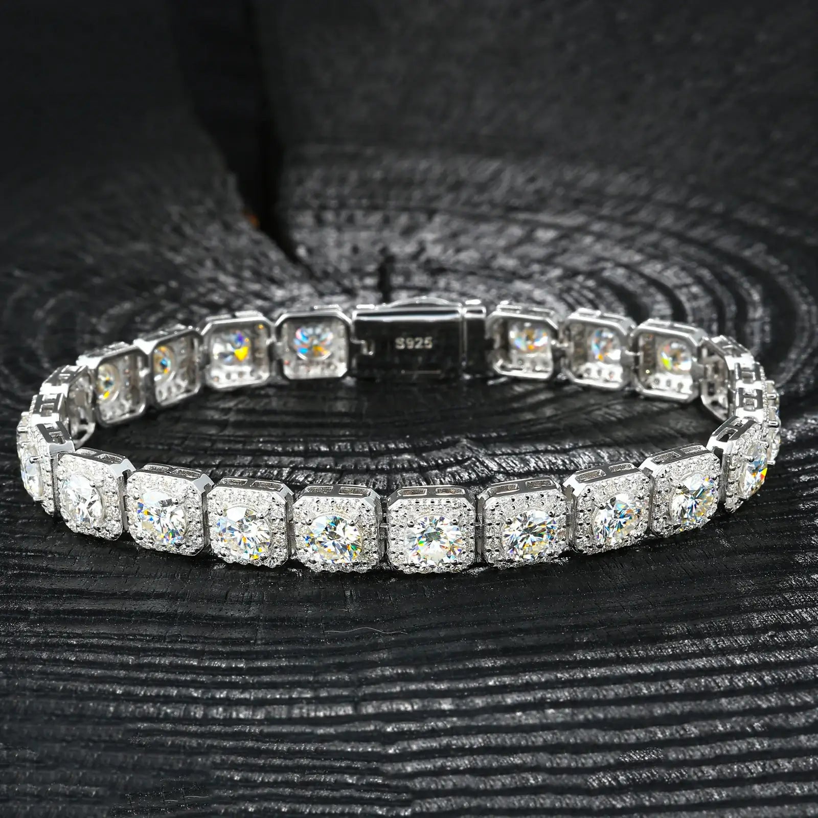 8mm 925 sterling silver moissanite clustered halo tennis bracelet detail — intricate clustered halo craftsmanship, moissanite fire, 925 silver polish, high-end tennis jewelry