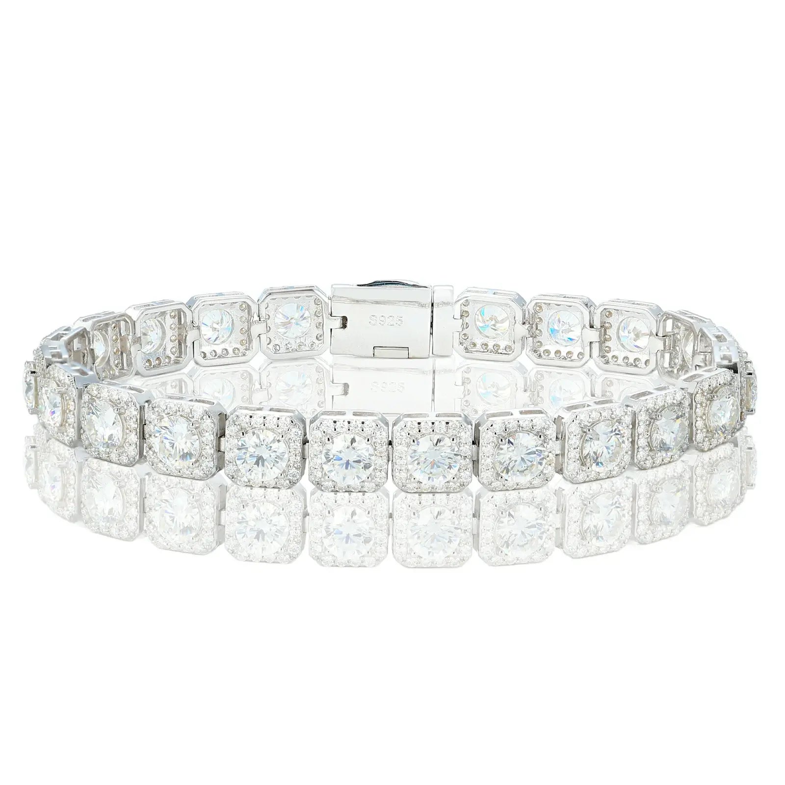 S925 tennis bracelet isolated on white - square halo moissanites scattering light | GRA-certified luxury jewelry