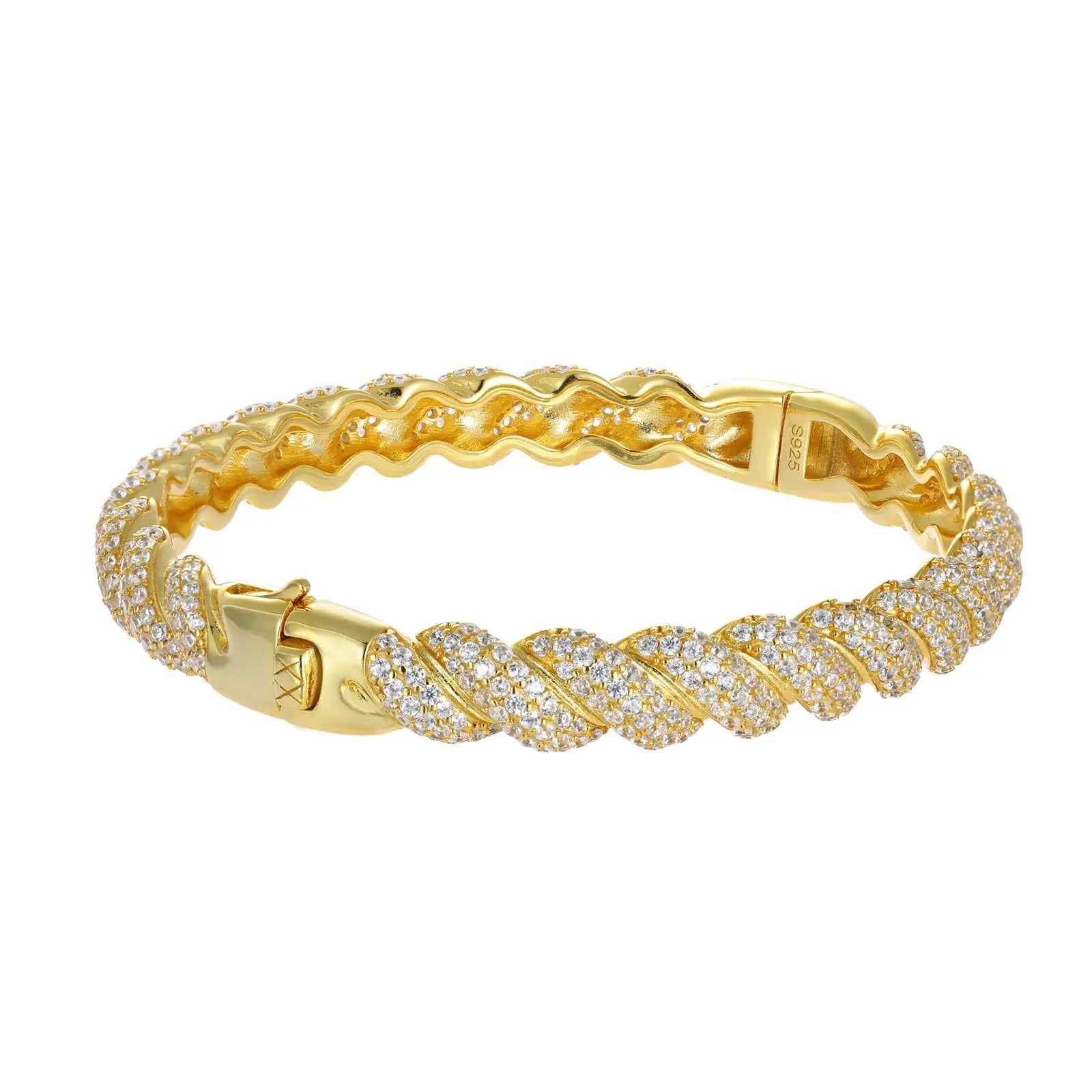 8mm yellow gold 925 silver moissanite twisted bangle on clean white background — bold gold tone, moissanite-lined twisted design