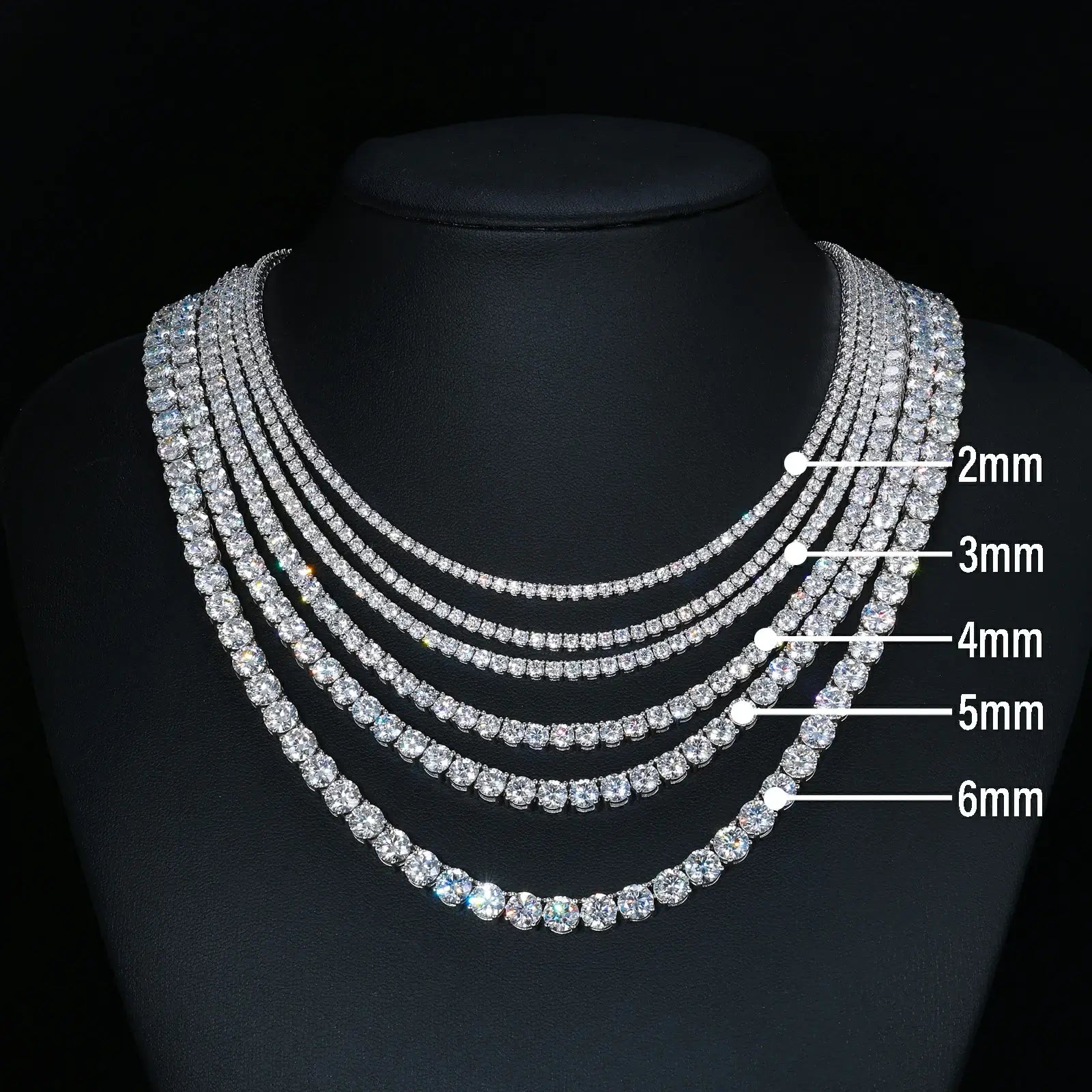 925 sterling silver cluster moissanite tennis chain size chart with multi-width options — details dimensions, moissanite grade, cluster design, 925 silver specs