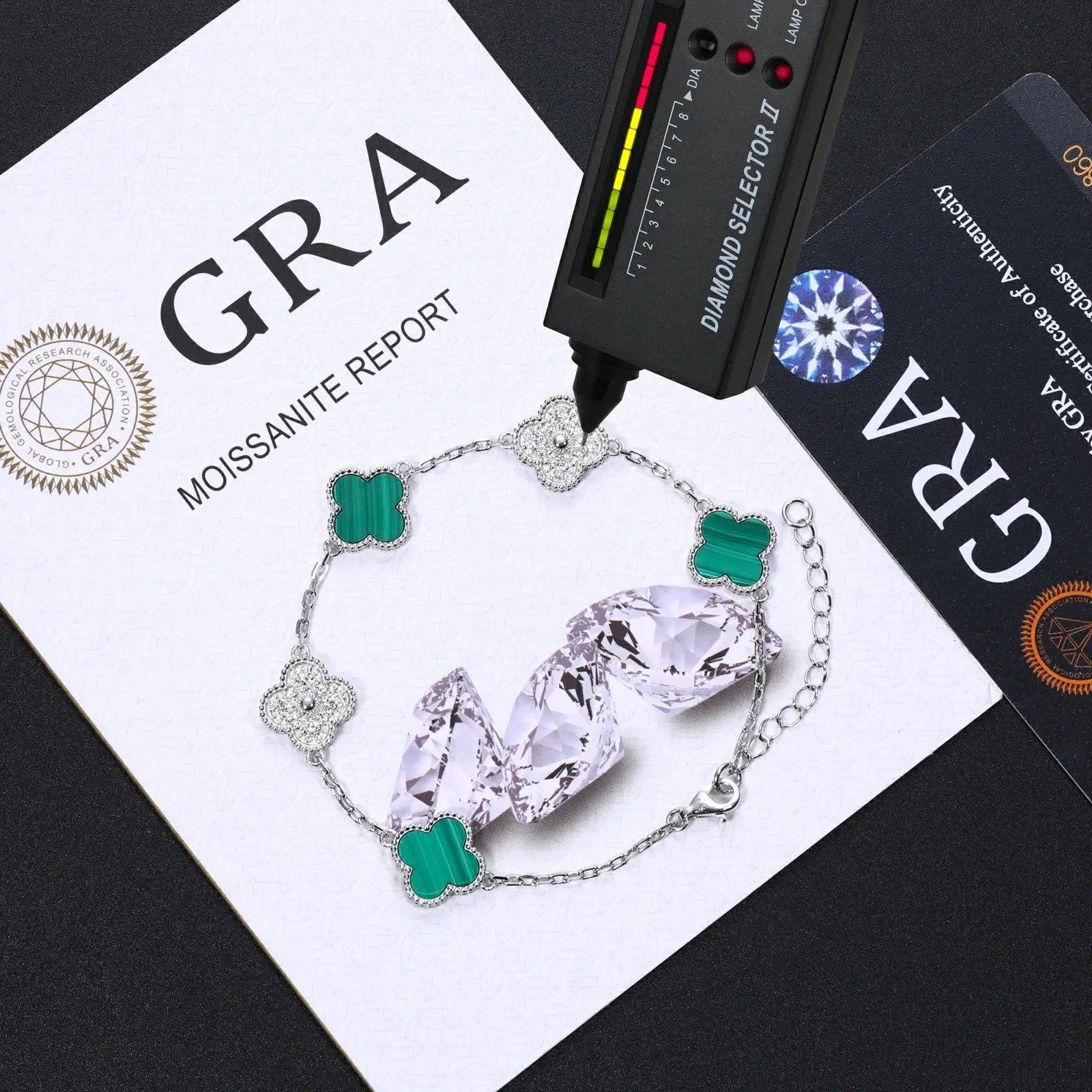 925 sterling silver moissanite 5 clover bracelet with GRA certificate & diamond tester — certified moissanite, 925 silver authenticity, luxury floral design