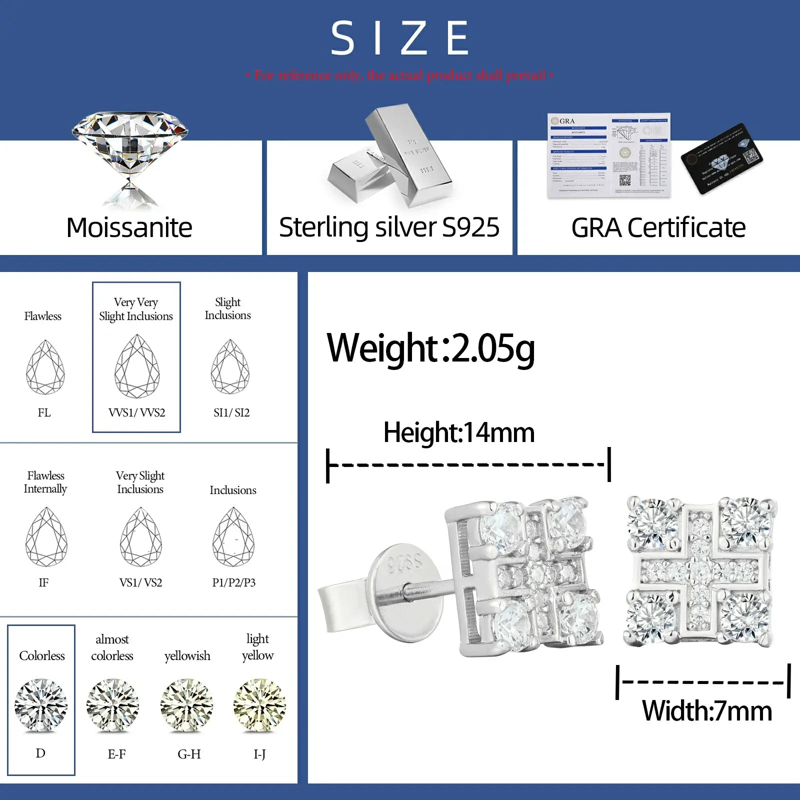 925 sterling silver moissanite cross square stud earrings size chart & moissanite grade — details dimensions, GRA certification, 925 silver specs, moissanite quality