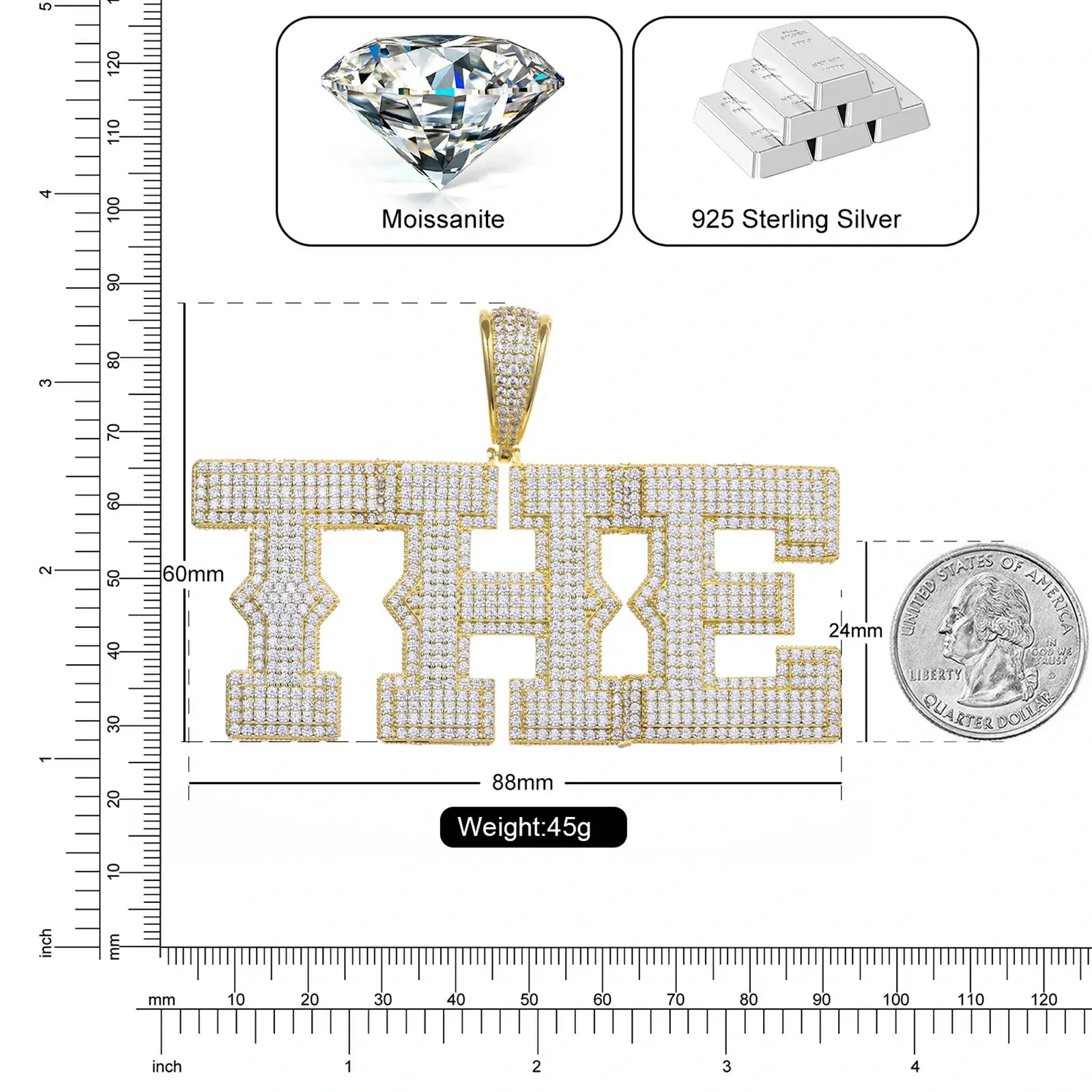 925 sterling silver moissanite custom spine letter name pendant size chart — dimensions, weight, moissanite grade, 925 silver specs, personalized name jewelry