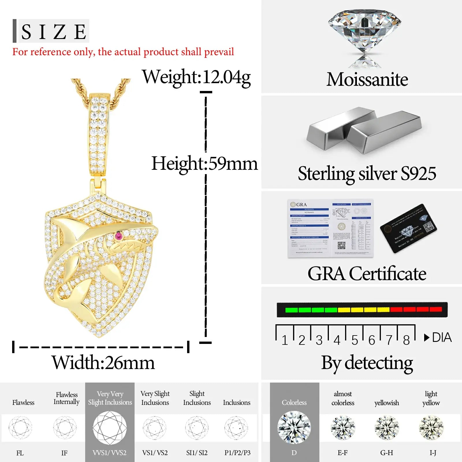 925-Sterling-Silver-Moissanite-Shark-Shield-Pendant-White-Gold-Size-Chart-Dimensions-Weight-Moissanite-Grade