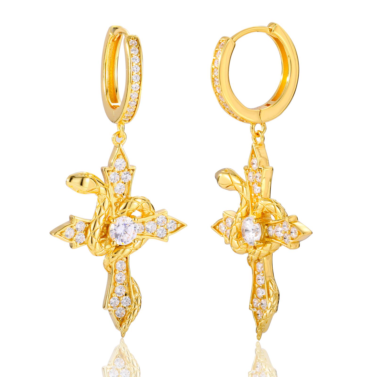 Gold snake wrap cross earrings isolated on white background, showcasing 3D texture and secure clasp for versatile styling.