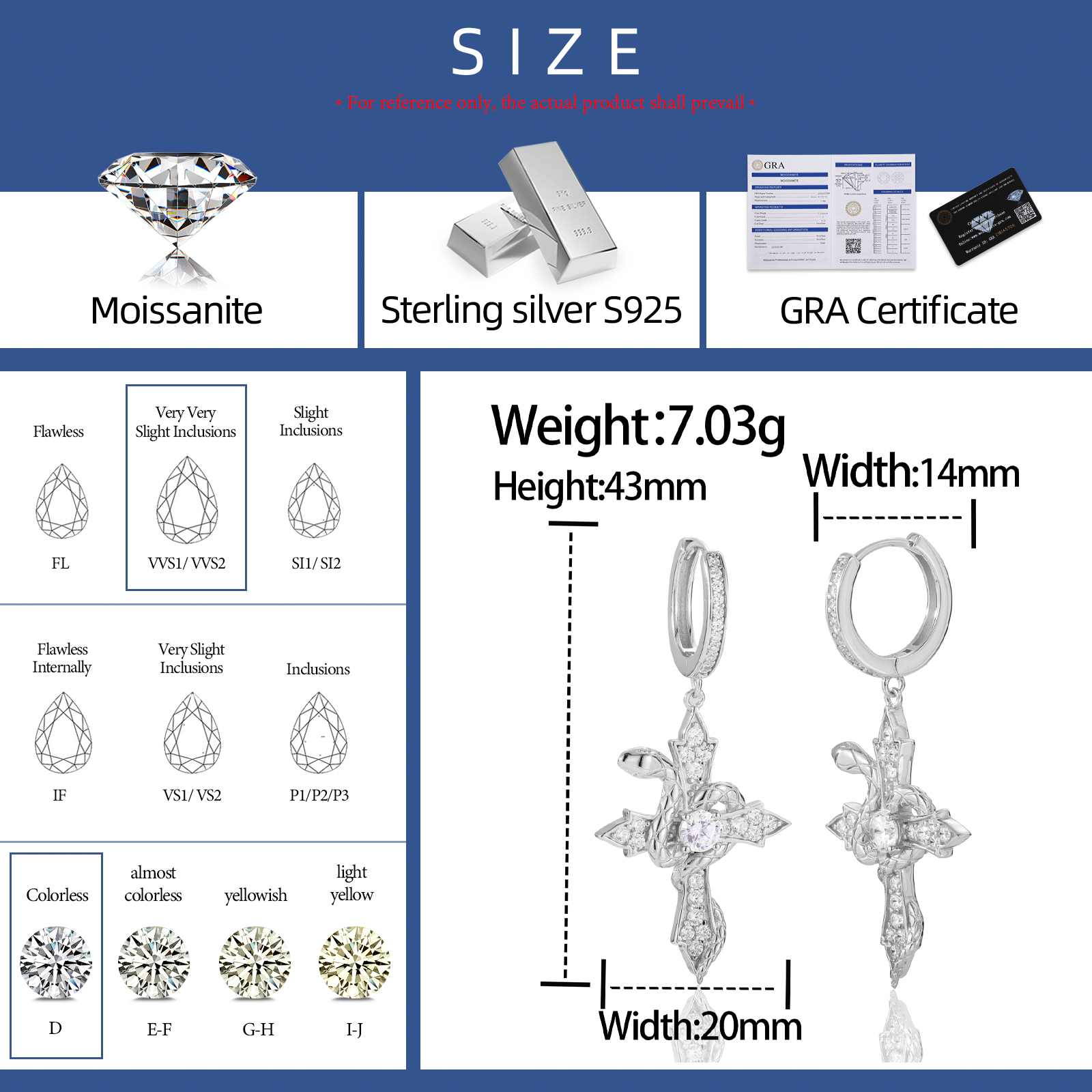 Size guide for snake wrap cross earrings with ruler, showing drop length and hoop thickness for perfect fit.