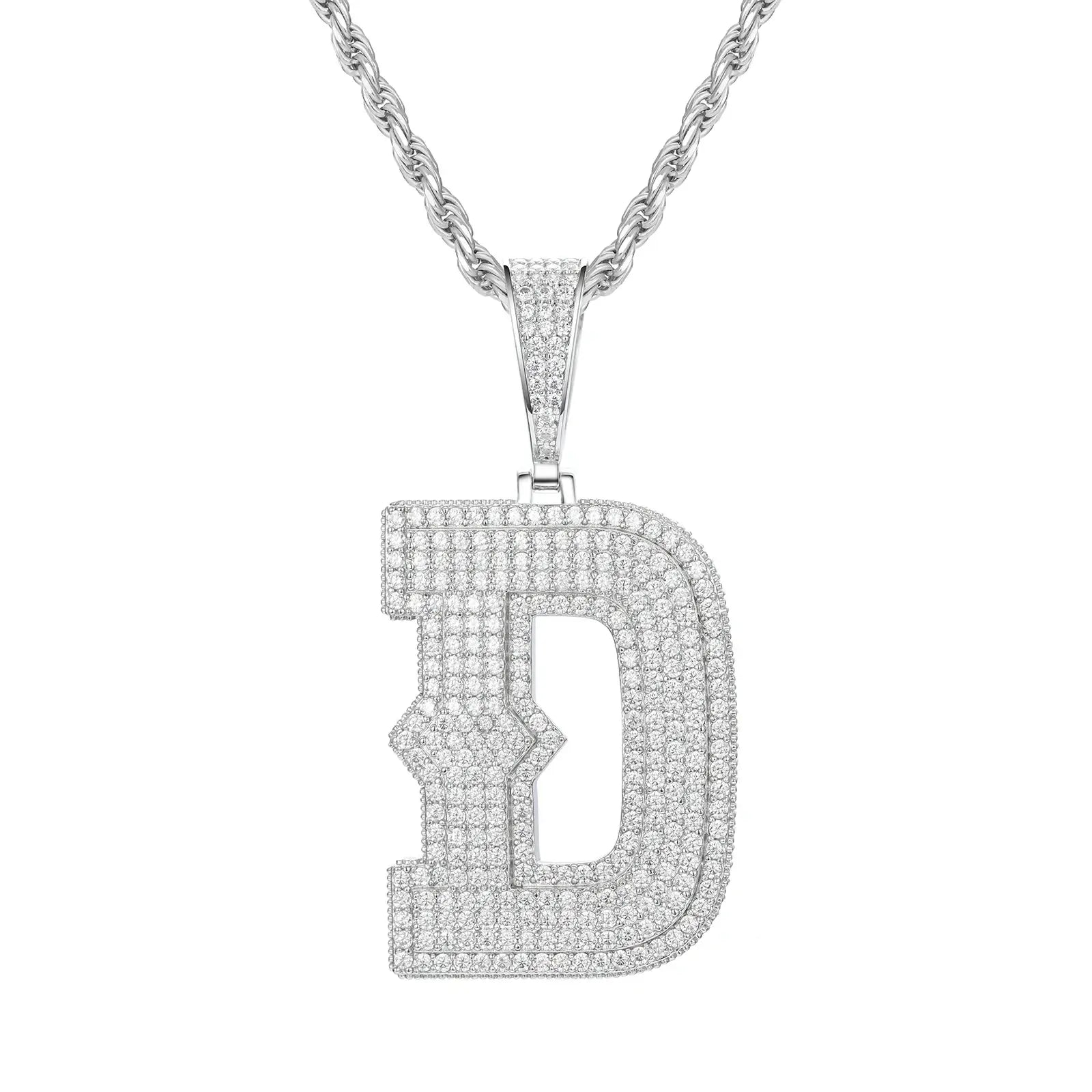 White gold D initial moissanite pendant on 925 sterling silver rope chain, white background — personalized bling jewelry