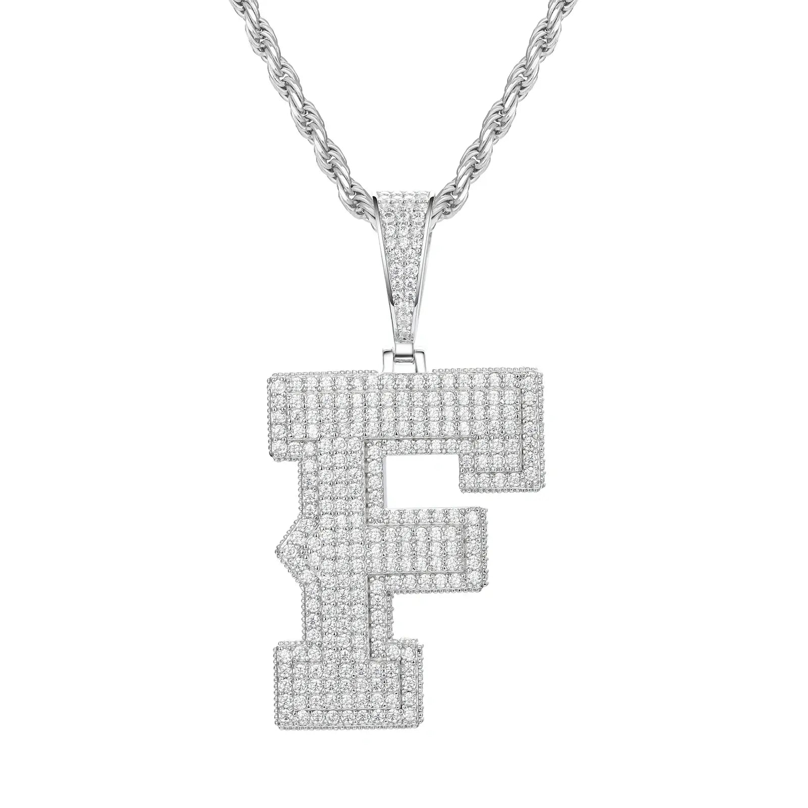 White gold F initial moissanite pendant on 925 sterling silver rope chain, white background — personalized bling jewelry