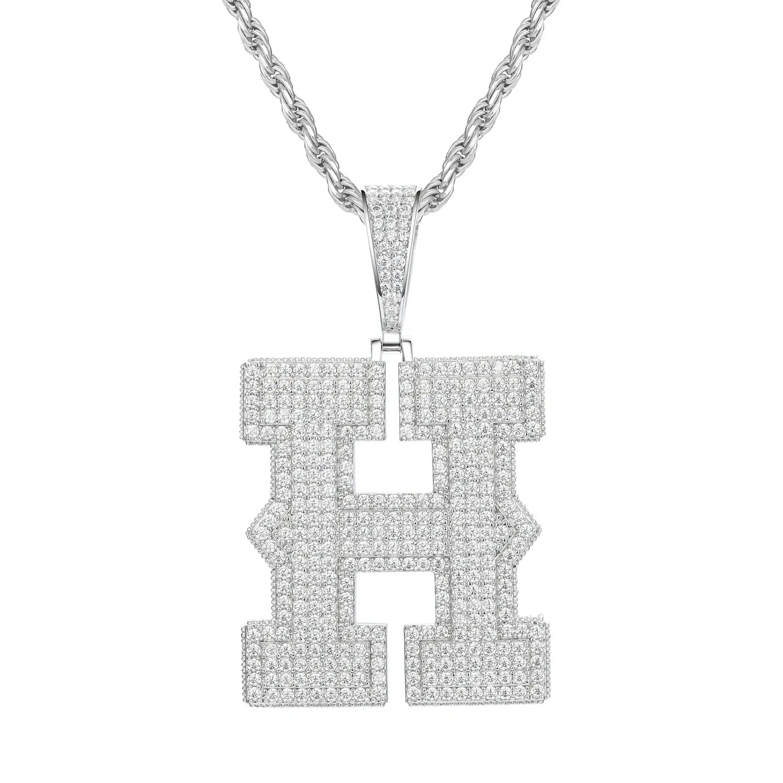 White gold H initial moissanite pendant on 925 sterling silver rope chain, white background — personalized bling jewelry