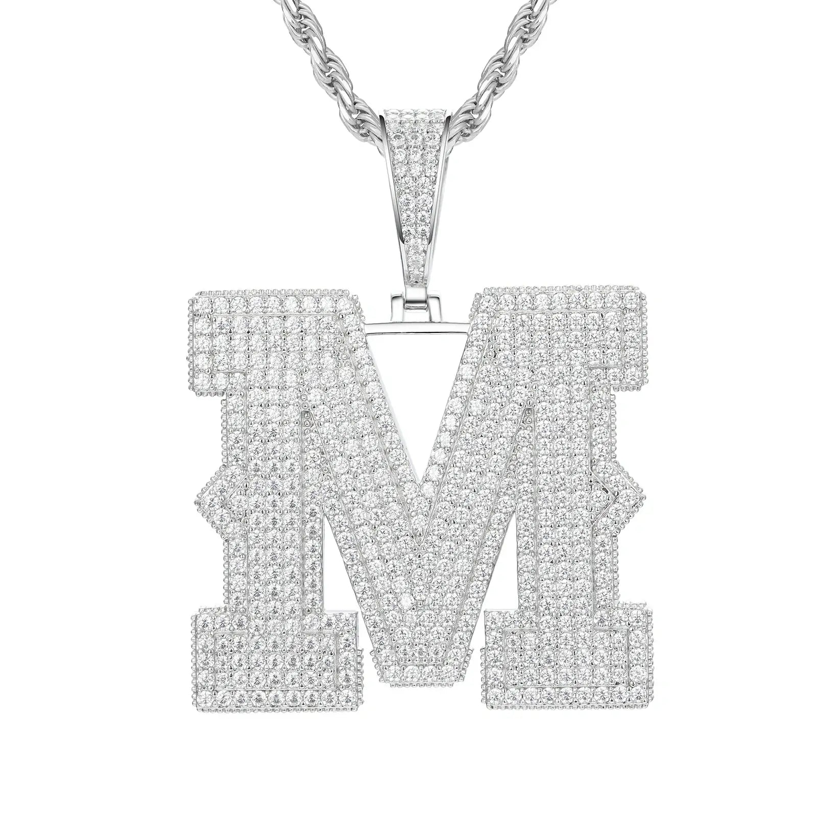 White gold M initial moissanite pendant on 925 sterling silver rope chain, white background — personalized bling jewelry