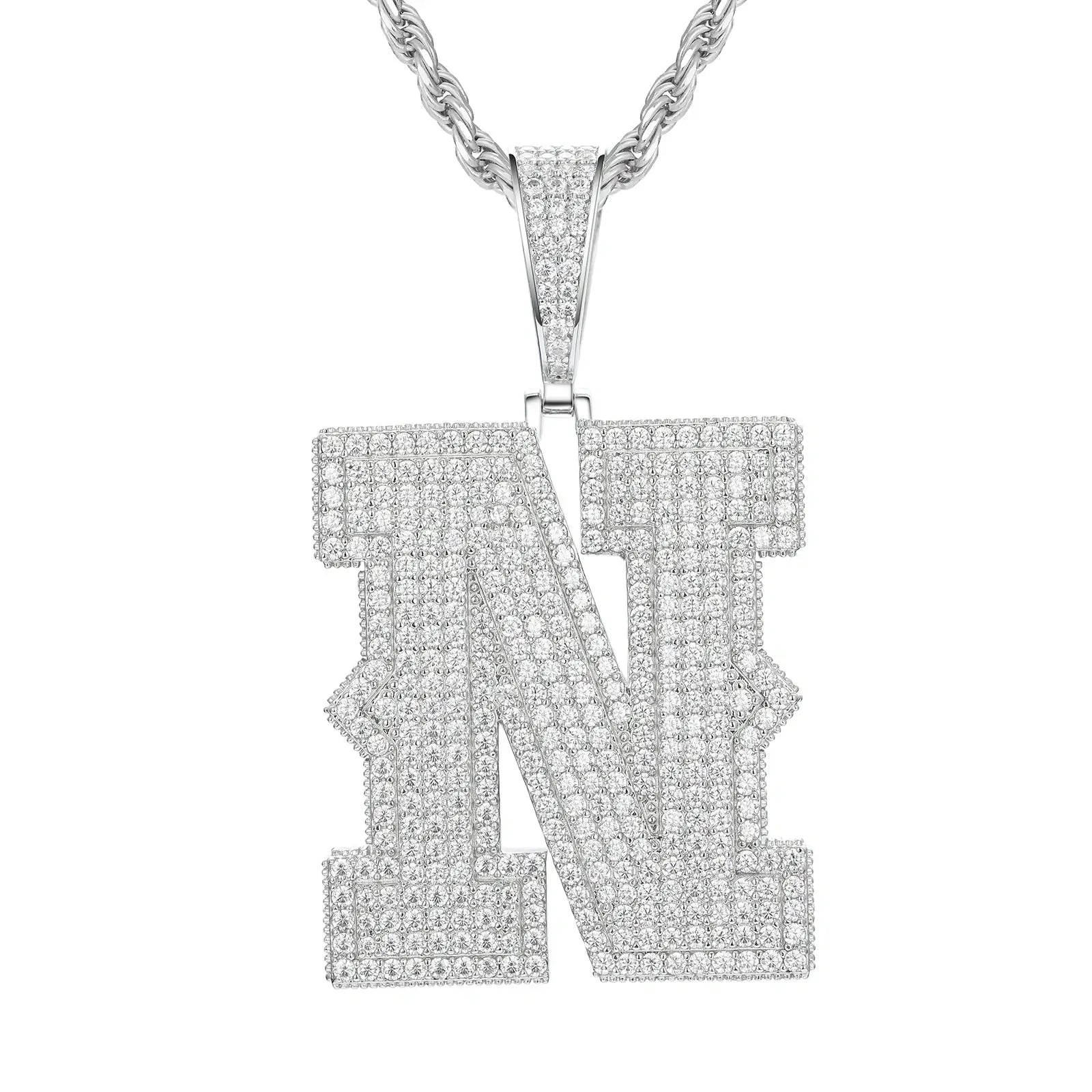 White gold N initial moissanite pendant on 925 sterling silver rope chain, white background — personalized bling jewelry