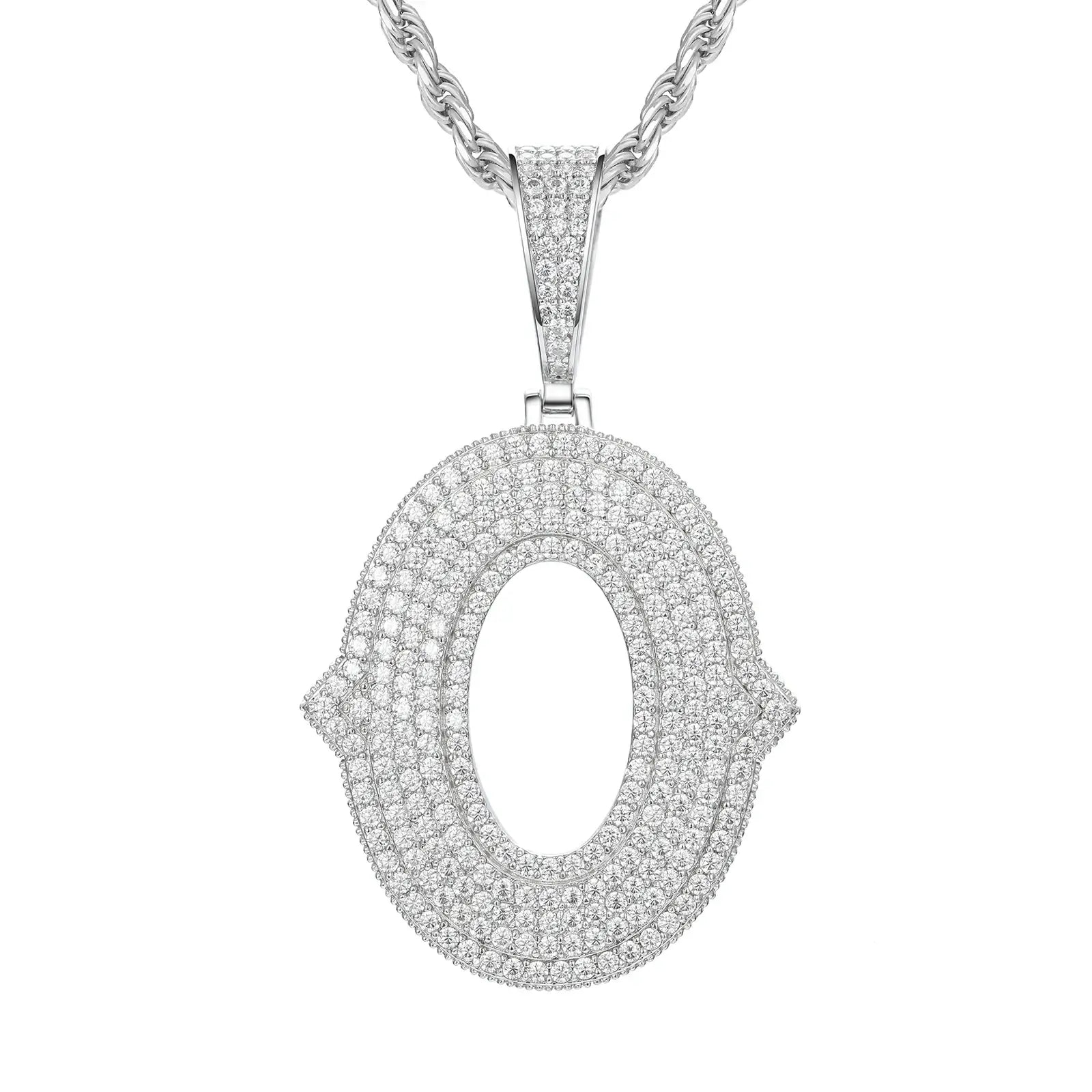 White gold Q initial moissanite pendant on 925 sterling silver rope chain, white background — personalized bling jewelry