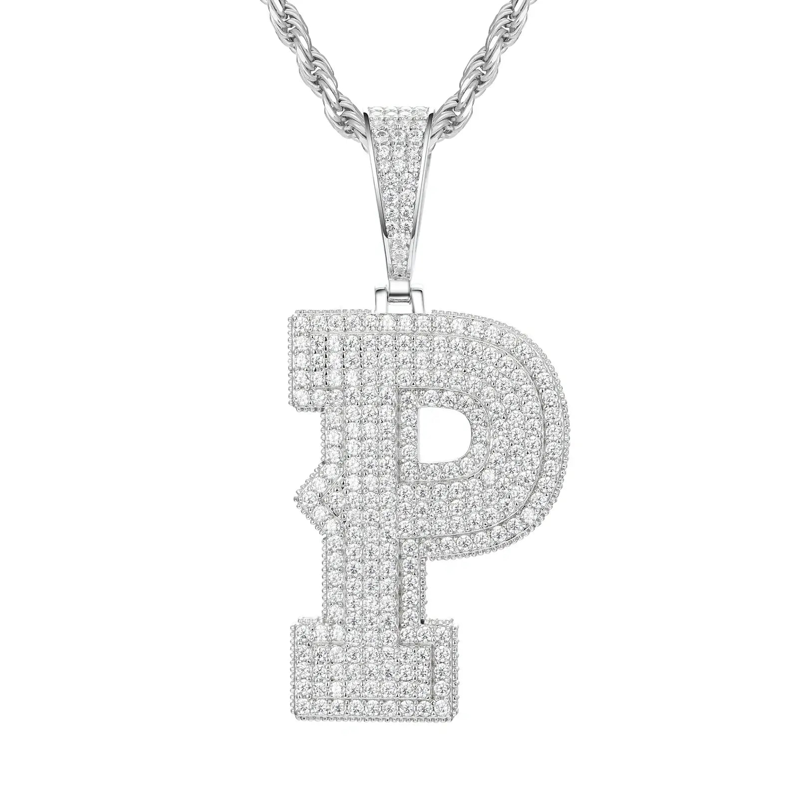 White gold P initial moissanite pendant on 925 sterling silver rope chain, white background — personalized bling jewelry