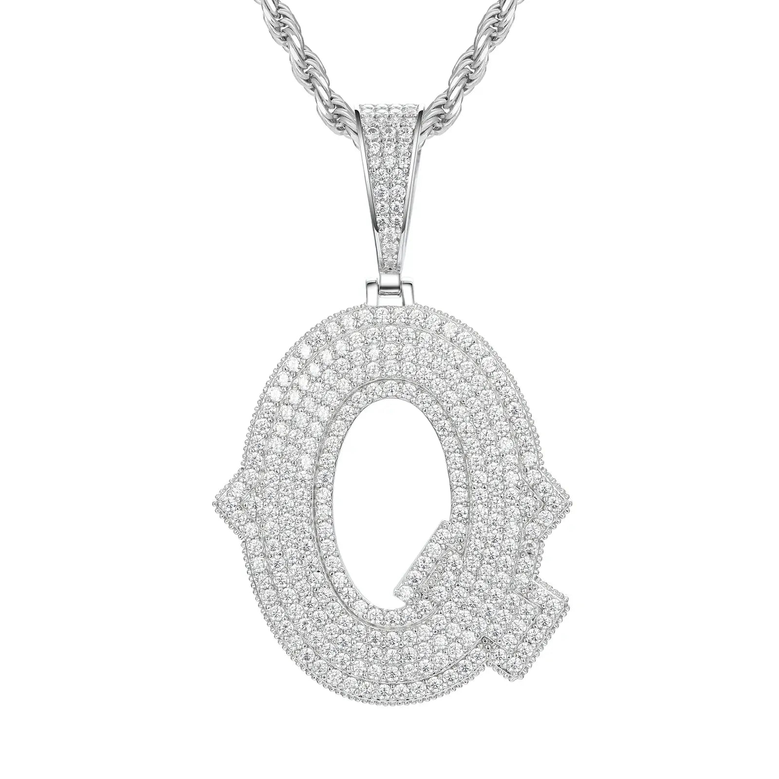 White gold Q initial moissanite pendant on 925 sterling silver rope chain, white background — personalized bling jewelry