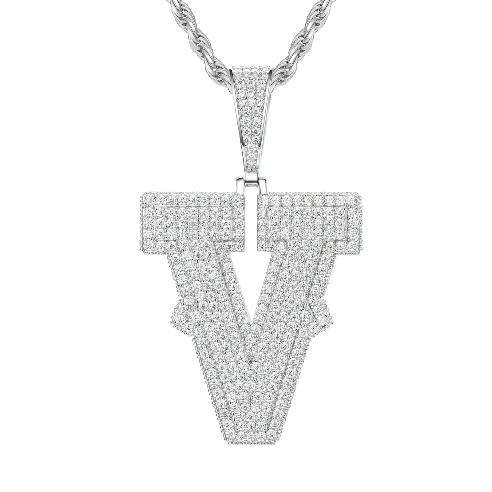White gold V initial moissanite pendant on 925 sterling silver rope chain, white background — personalized bling jewelry