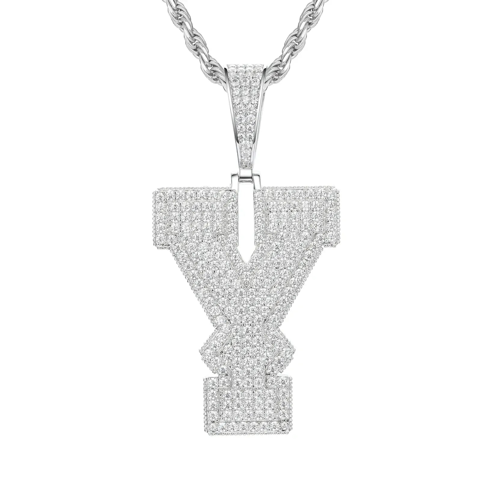 White gold Y initial moissanite pendant on 925 sterling silver rope chain, white background — personalized bling jewelry