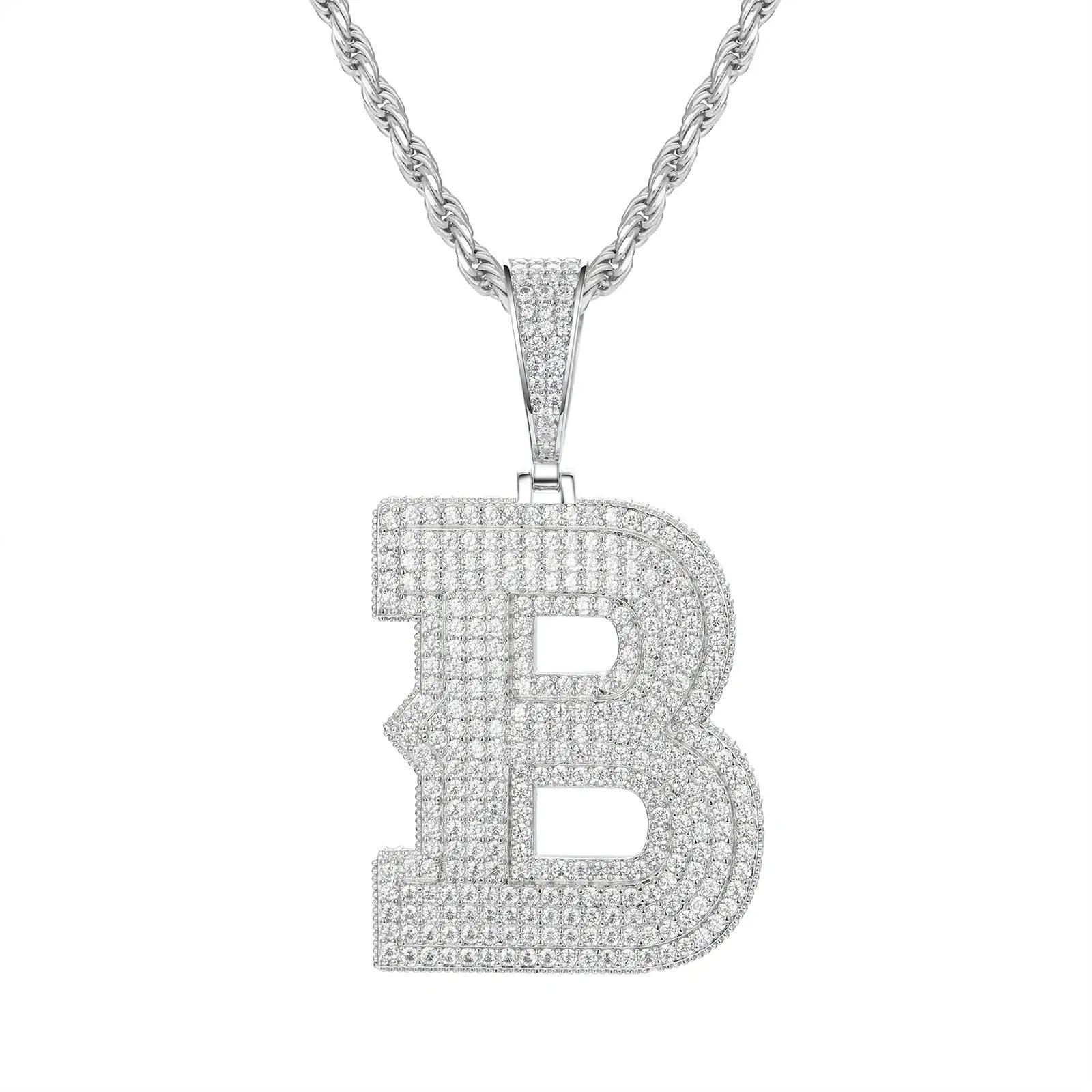 White gold B initial moissanite pendant on 925 sterling silver rope chain, white background — personalized bling jewelry