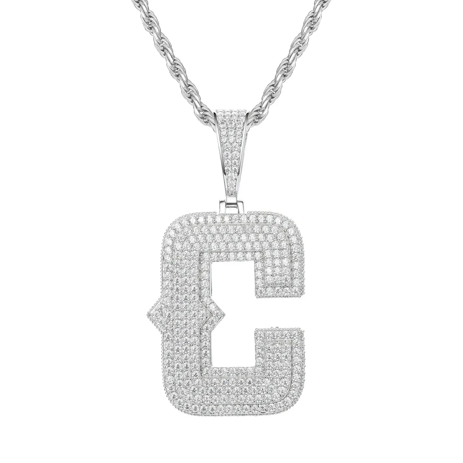 White gold C initial moissanite pendant on 925 sterling silver rope chain, white background — personalized bling jewelry