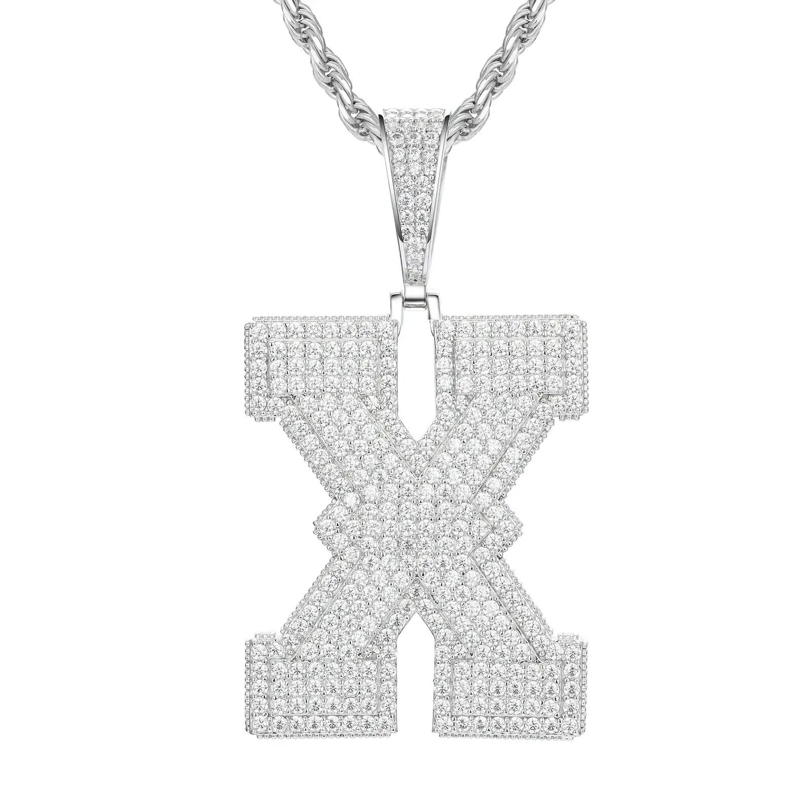 White gold X initial moissanite pendant on 925 sterling silver rope chain, white background — personalized bling jewelry