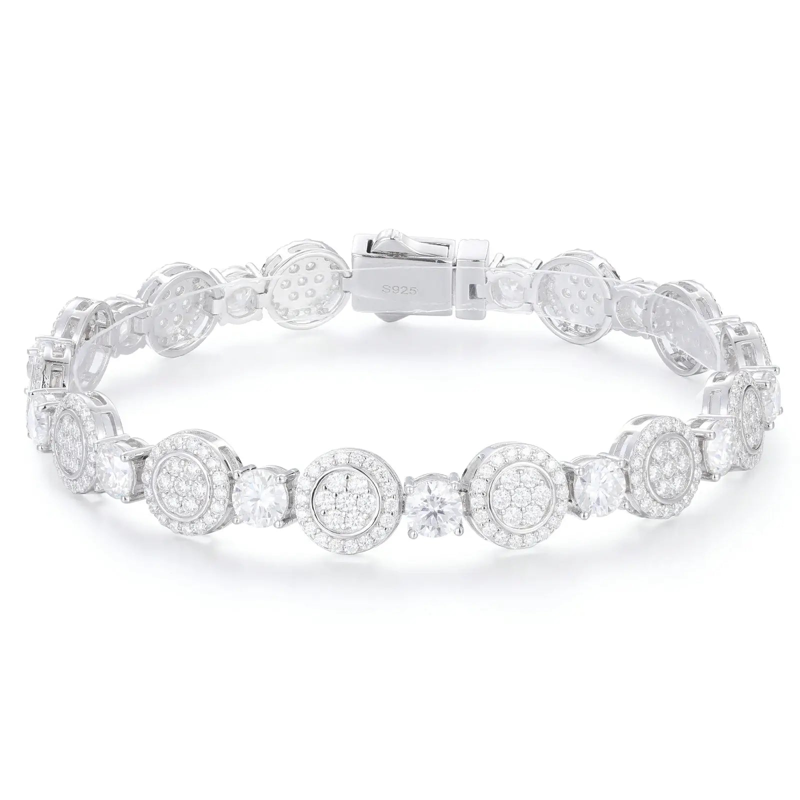 9mm white gold 925 sterling silver moissanite concentric circles tennis bracelet clasped on white background — elegant hypoallergenic rust-proof jewelry