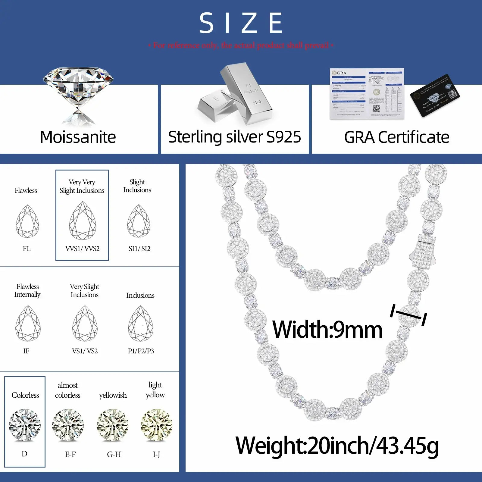 Size chart for 9mm white gold moissanite tennis chain - 20-24 inch length, 68.8 gram weight, 925 sterling silver specifications