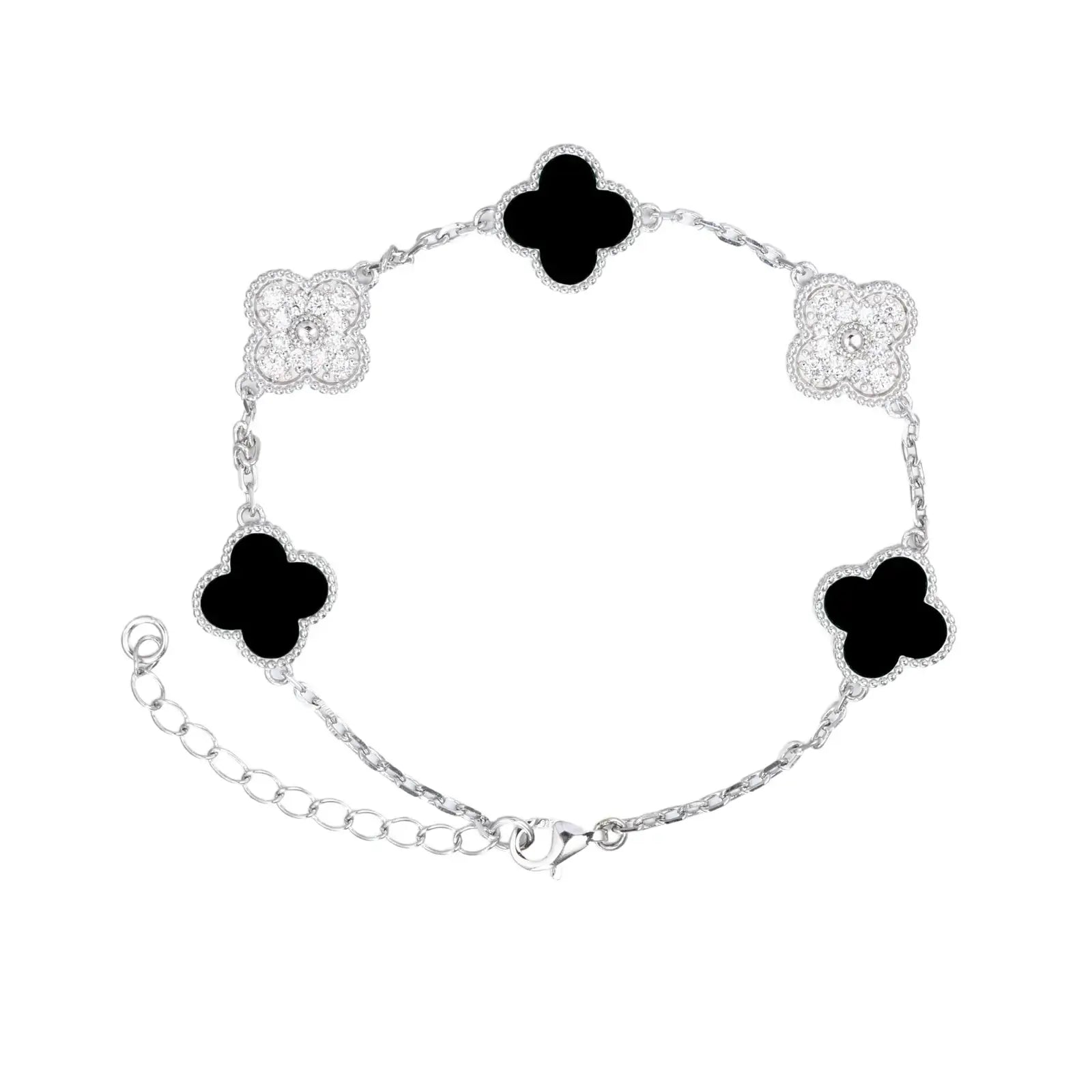Black enamel 925 sterling silver moissanite 5 motifs clover bracelet full display on white background — showcases luxury floral design, moissanite sparkle, hypoallergenic 925 silver