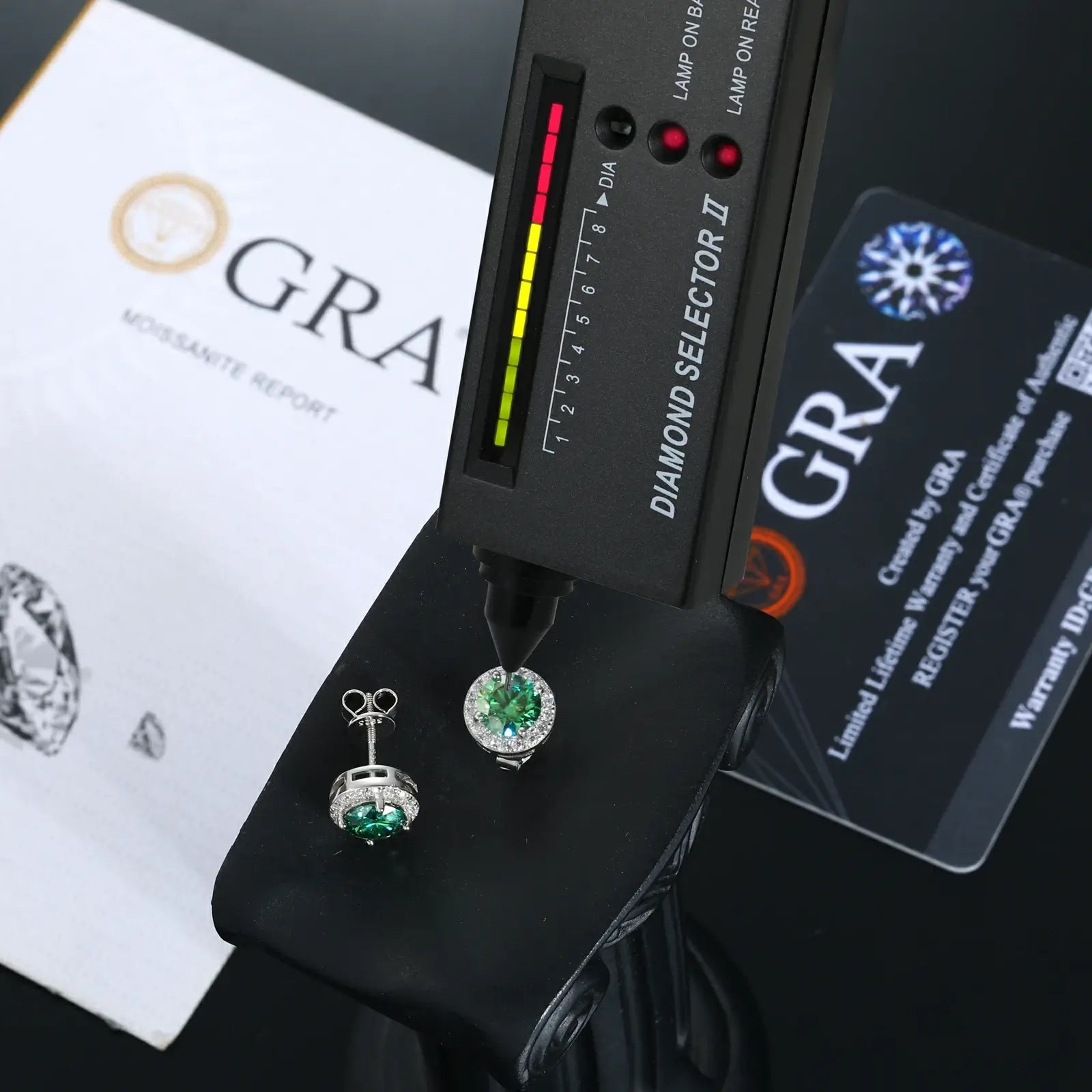 Authenticity proof: GRA certificate with green moissanite halo earrings | Refractive index 2.65 vs diamond 2.42 science test