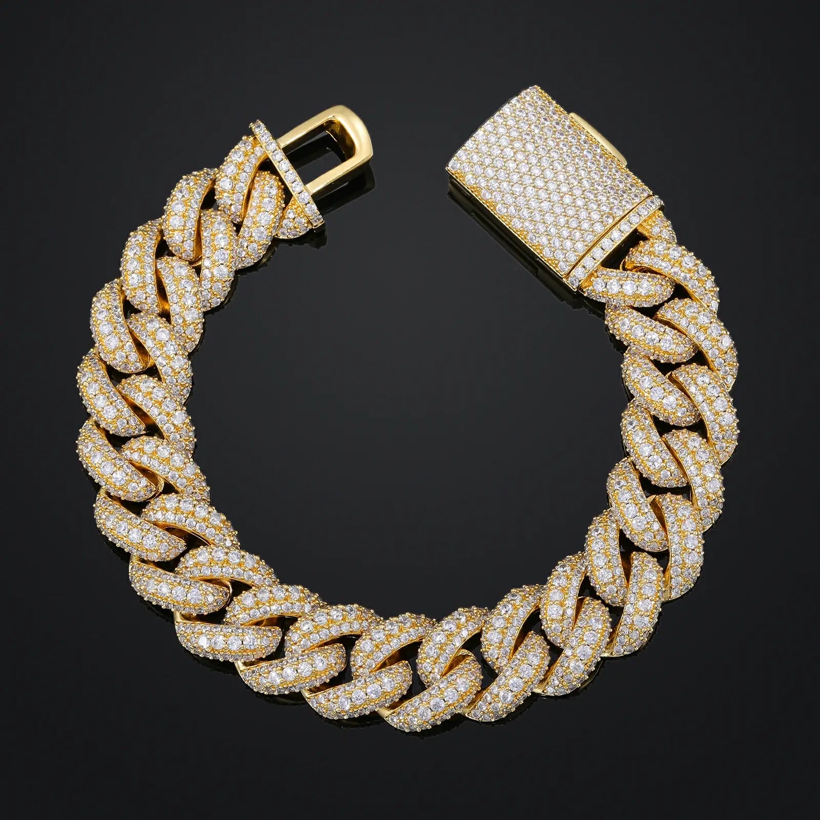 Gold 15mm 925 sterling silver 3 rows moissanite bubble Cuban link bracelet on black background — highlights luxury gold tone, moissanite durability, 925 silver longevity, Cuban link fashion