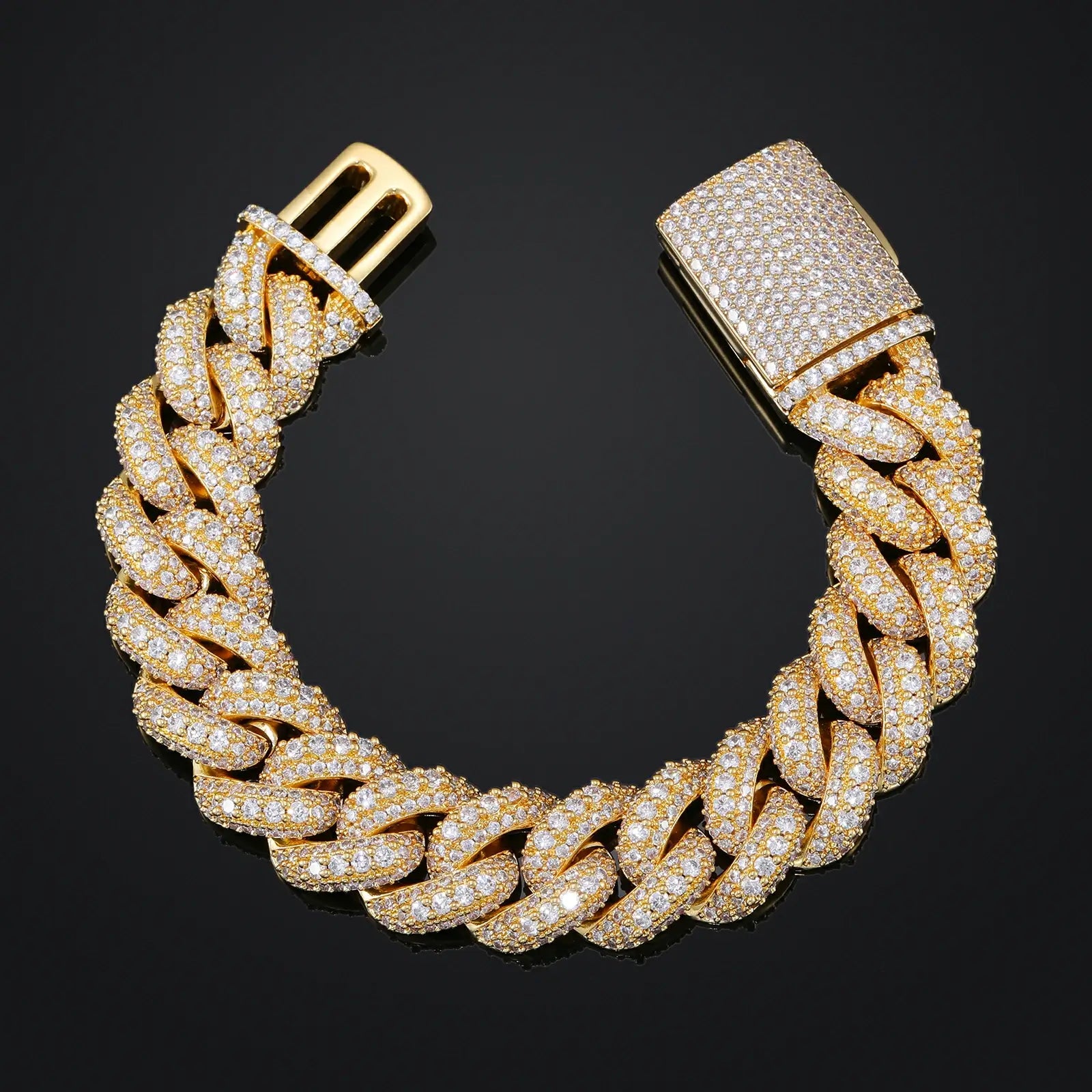 Gold 18mm 925 sterling silver 3 rows moissanite bubble Cuban link bracelet on black background — highlights luxury gold tone, moissanite durability, 925 silver polish, Cuban link glamour