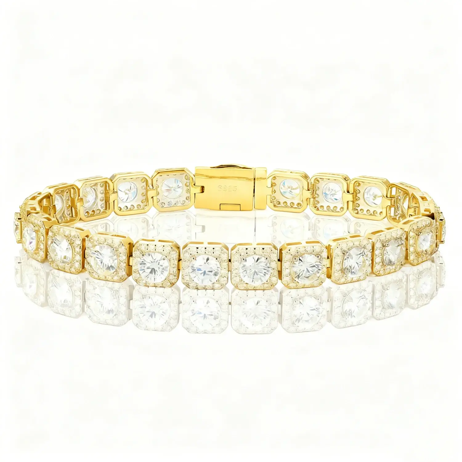 Gold 8mm 925 sterling silver moissanite clustered halo tennis bracelet with newspaper background — streetwear luxury, moissanite fire, 925 silver longevity, clustered halo trend