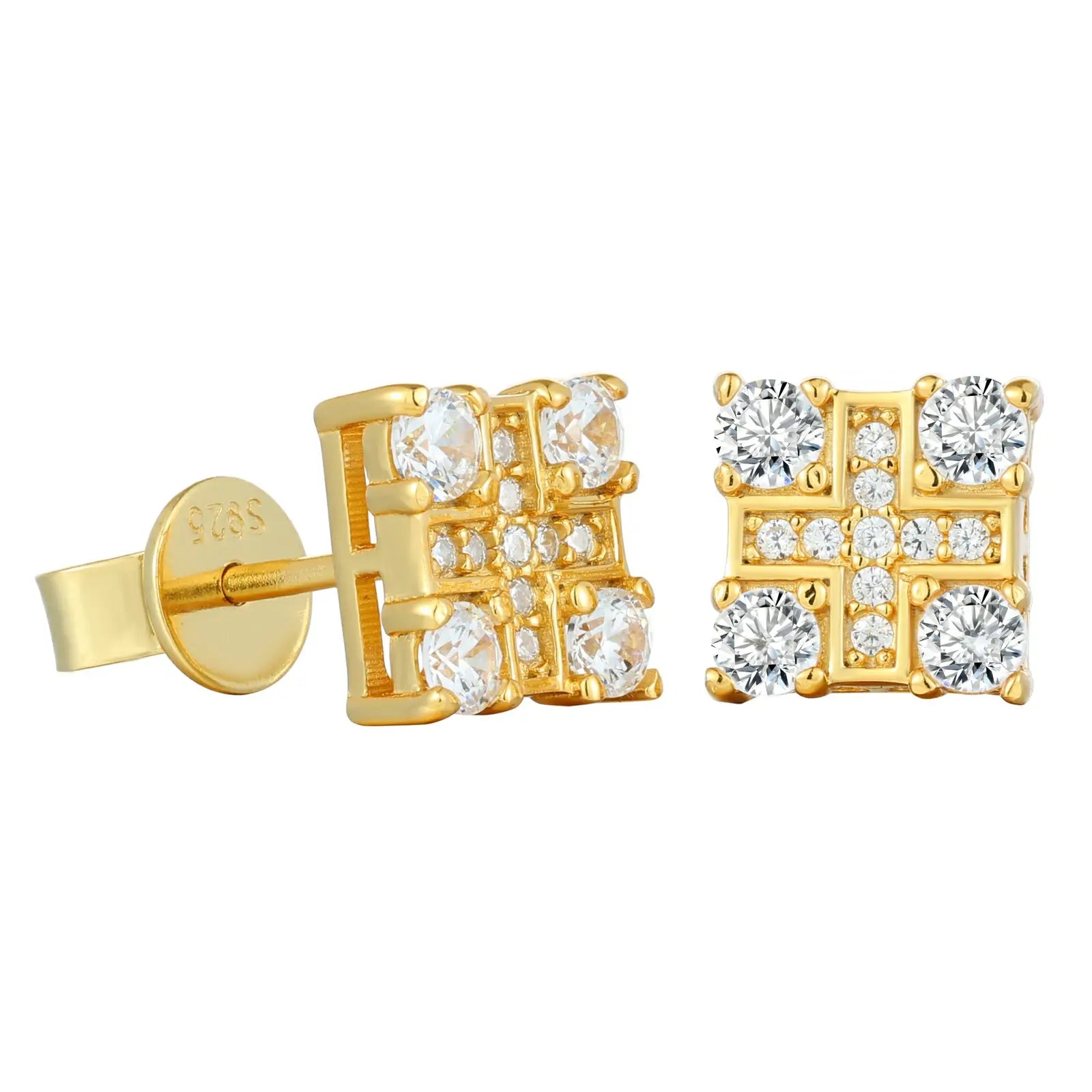 Gold 925 sterling silver moissanite cross square stud earrings detail on white background — highlights gold finish, cross square craftsmanship, moissanite brilliance