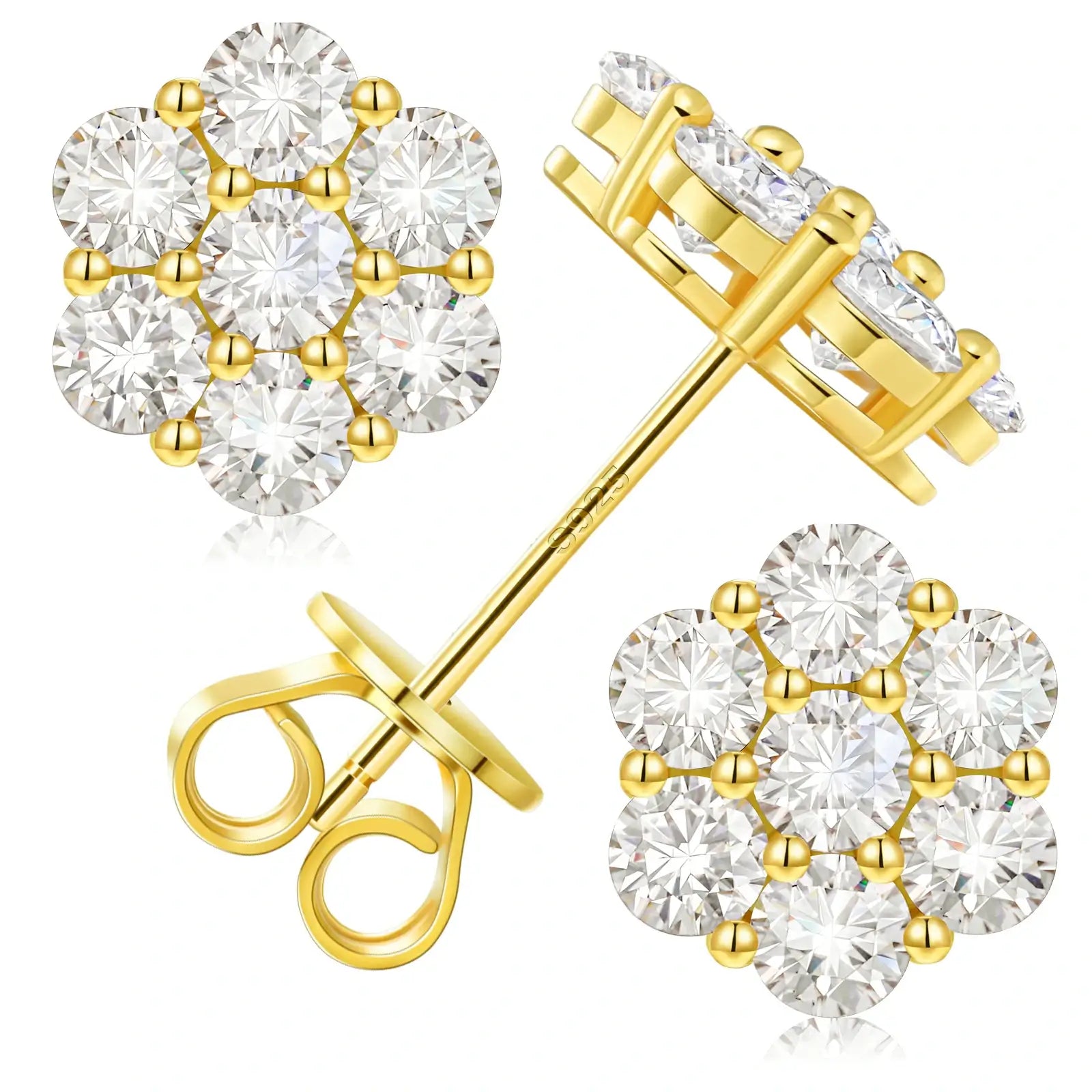 Gold 925 sterling silver floral radiance 7-stone earrings detail on white background — unique gold finish, moissanite sparkle, 925 silver luster
