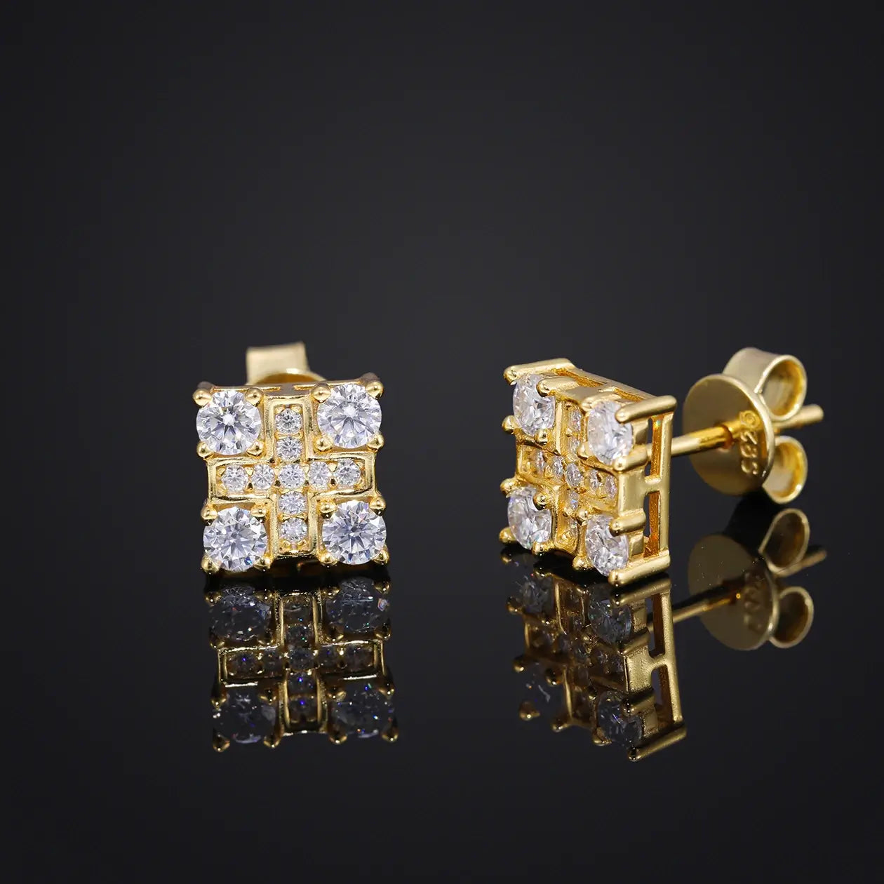 Gold 925 sterling silver moissanite cross square stud earrings detail on black background — showcases cross square design, moissanite inlay, 925 silver craftsmanship