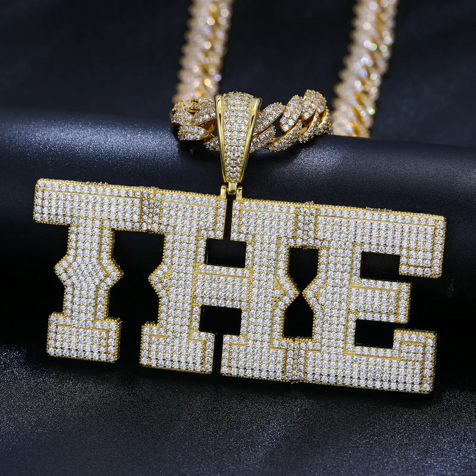 Gold 925 sterling silver moissanite custom spine letter name pendant with Cuban link chain — hip-hop styling, moissanite brilliance, 925 silver durability, personalized name necklace