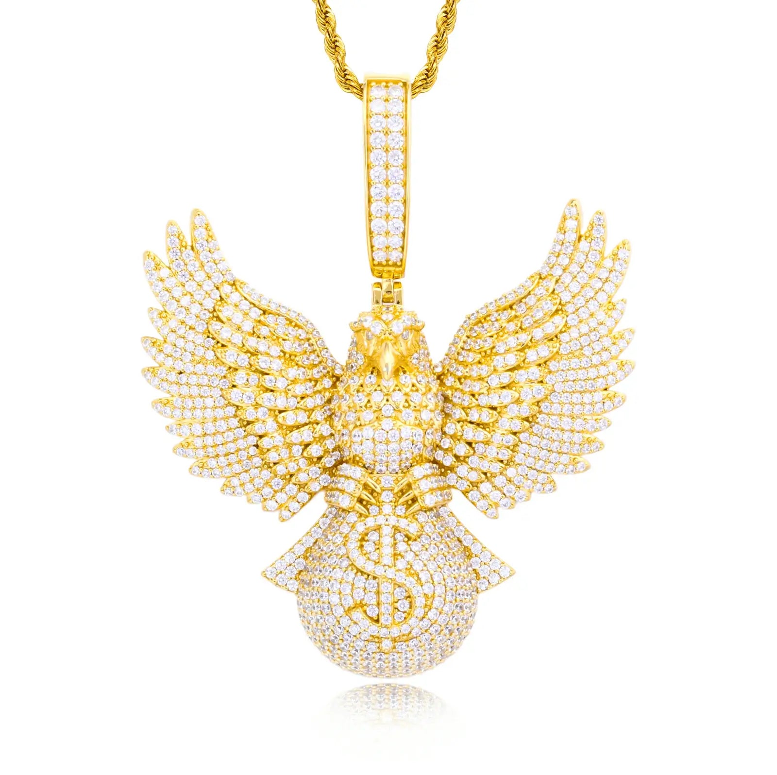 Gold 925 sterling silver moissanite bald eagle money bag pendant — gold-plated 925 silver, full moissanite inlay, bold hip-hop design, trendy wealth-themed accessory