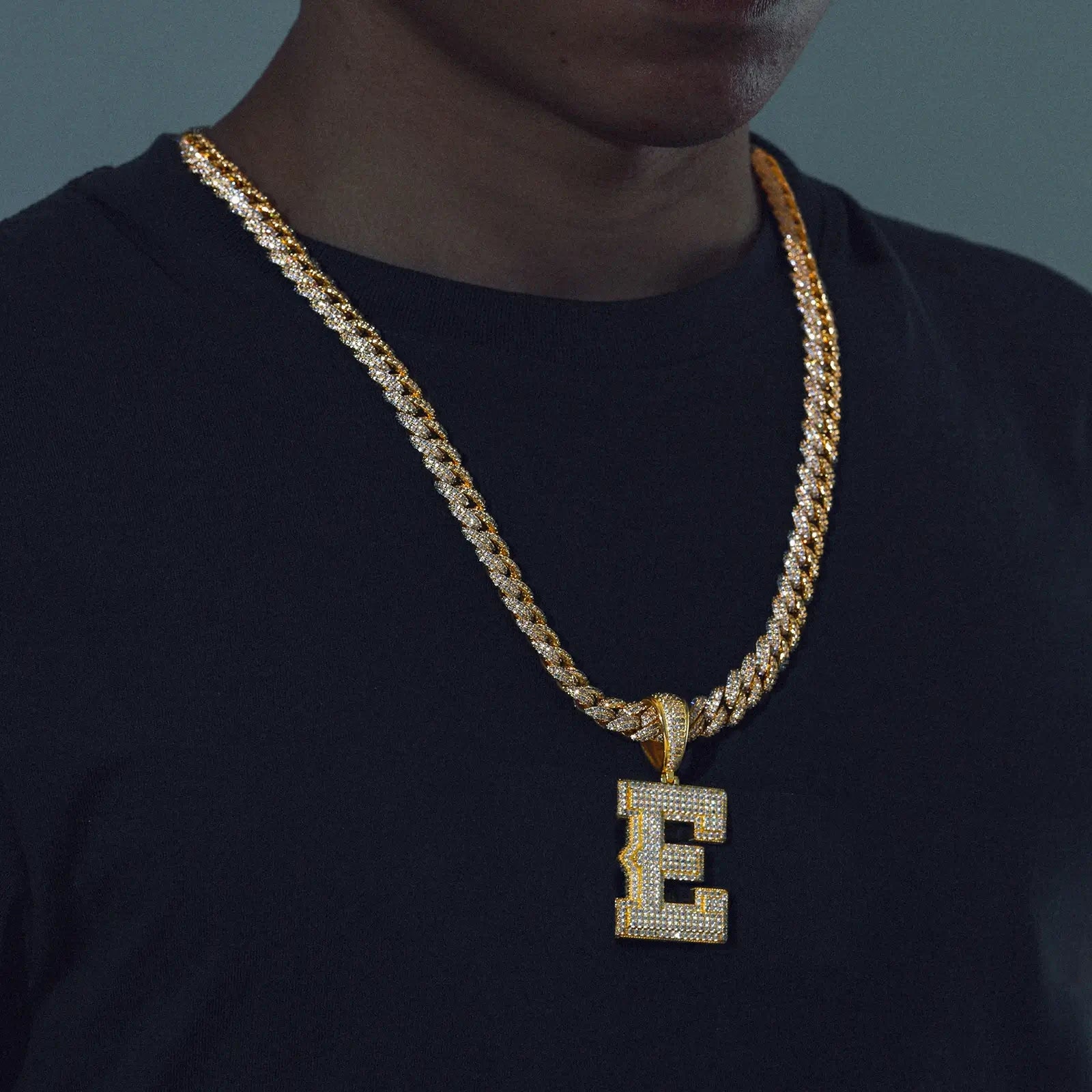 Gold Moissanite Spine Initial Letter E Pendant