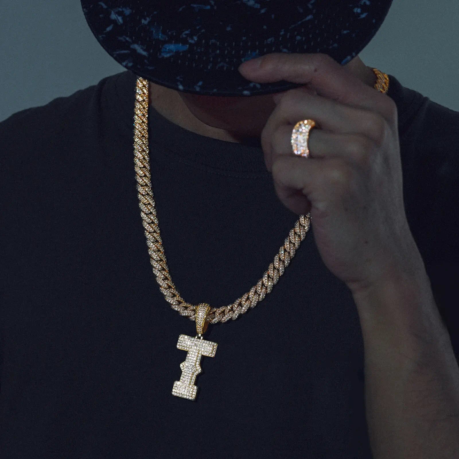 Gold Moissanite Spine Initial Letter T Pendant