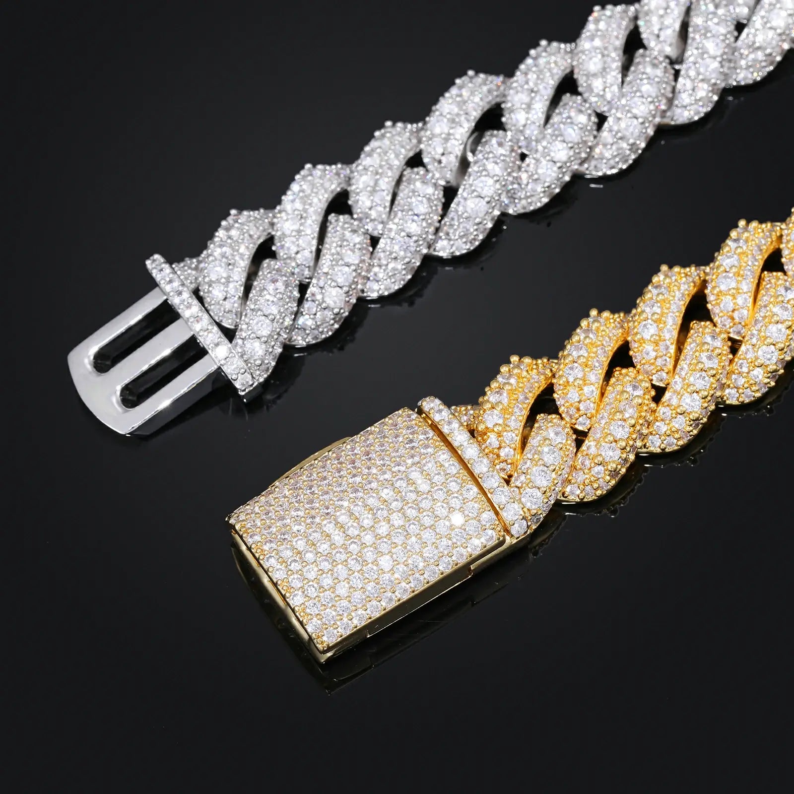 Gold & silver 15mm 925 sterling silver 3 rows moissanite bubble Cuban link bracelet comparison — helps choose color, showcases 3-row bubble design, moissanite sparkle, 925 silver versatility