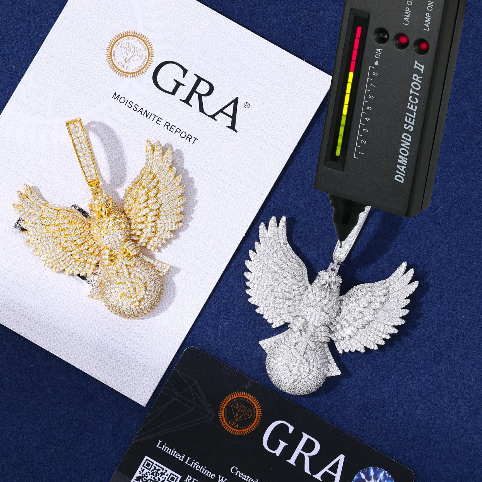 Gold 925 sterling silver moissanite bald eagle money bag pendant — gold-plated 925 silver, full moissanite inlay, bold hip-hop design, trendy wealth-themed accessory