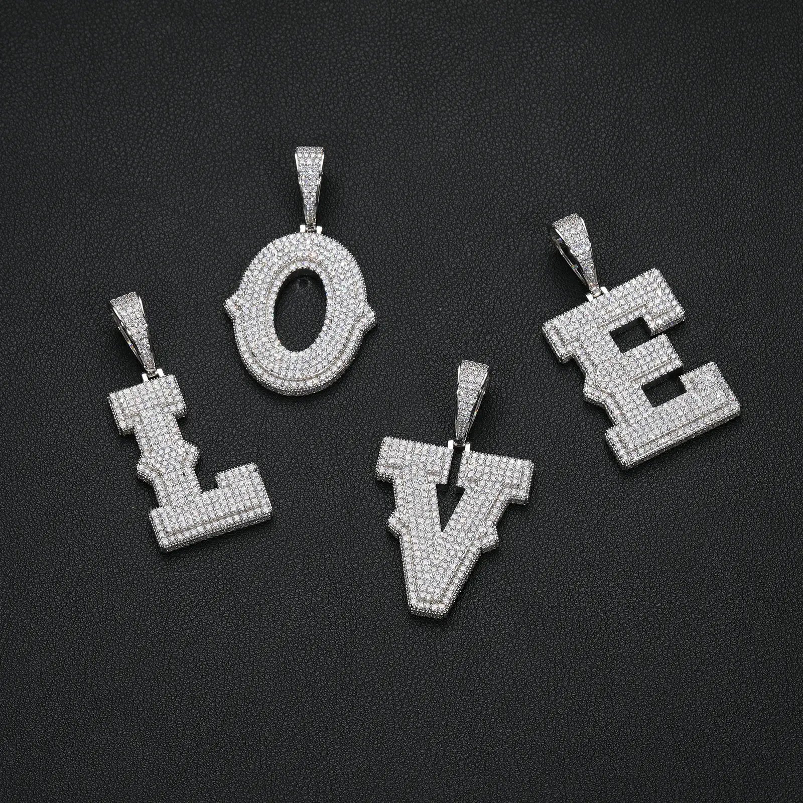 “LOVE” spelled with 925 sterling silver moissanite white gold initial letter pendants — personalized love - themed jewelry