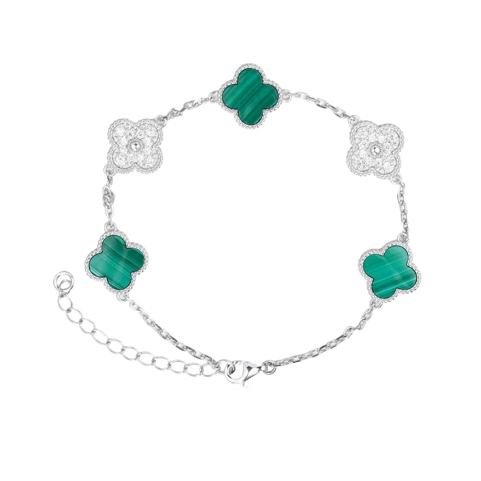 Malachite green 925 sterling silver moissanite 5 clover bracelet full display on white background — highlights nature-inspired luxury, diamond-like moissanite, tarnish-resistant 925 silver