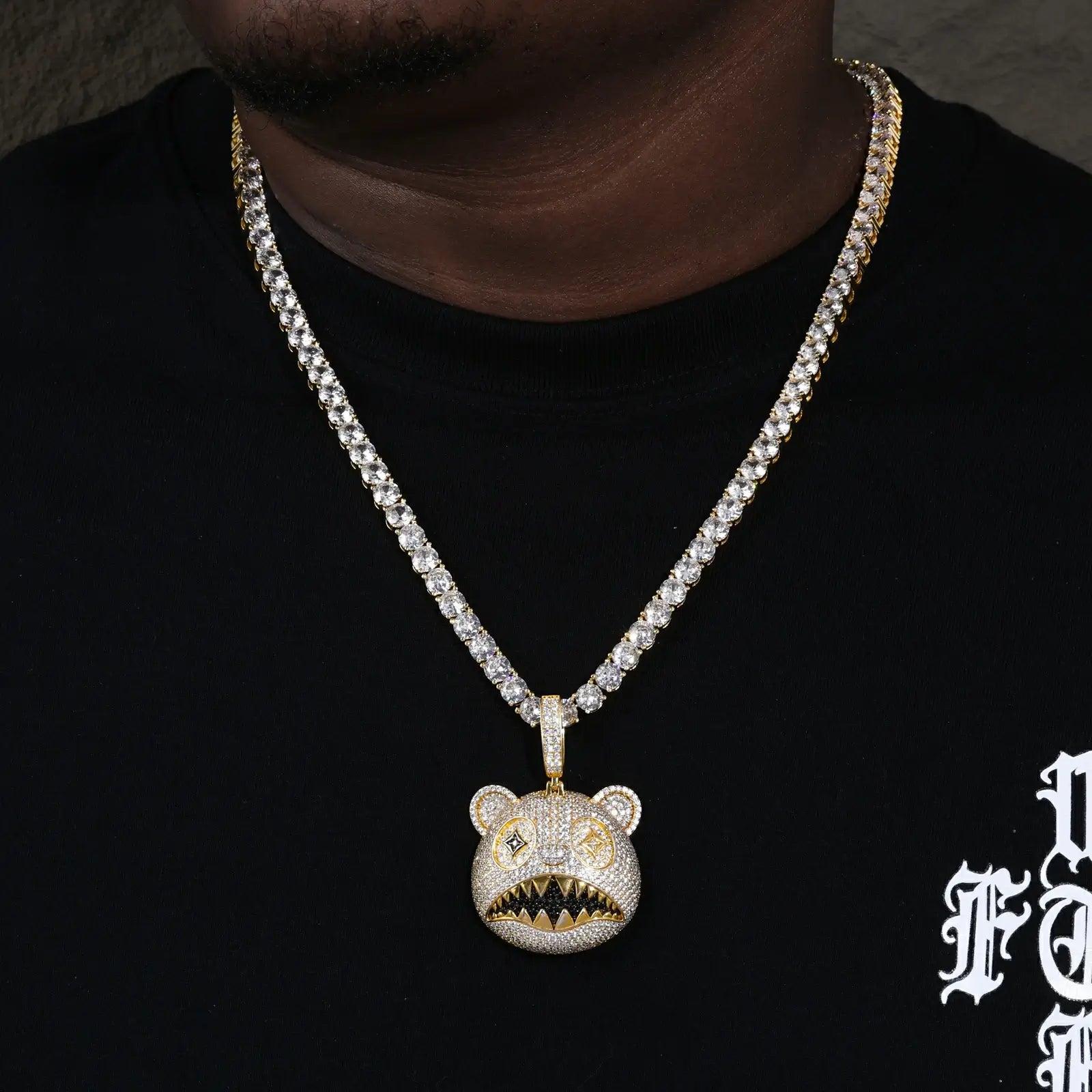 Male model rocking yellow gold 925 sterling silver moissanite hungry bear pendant with Cuban link — bold hip-hop style, moissanite brilliance